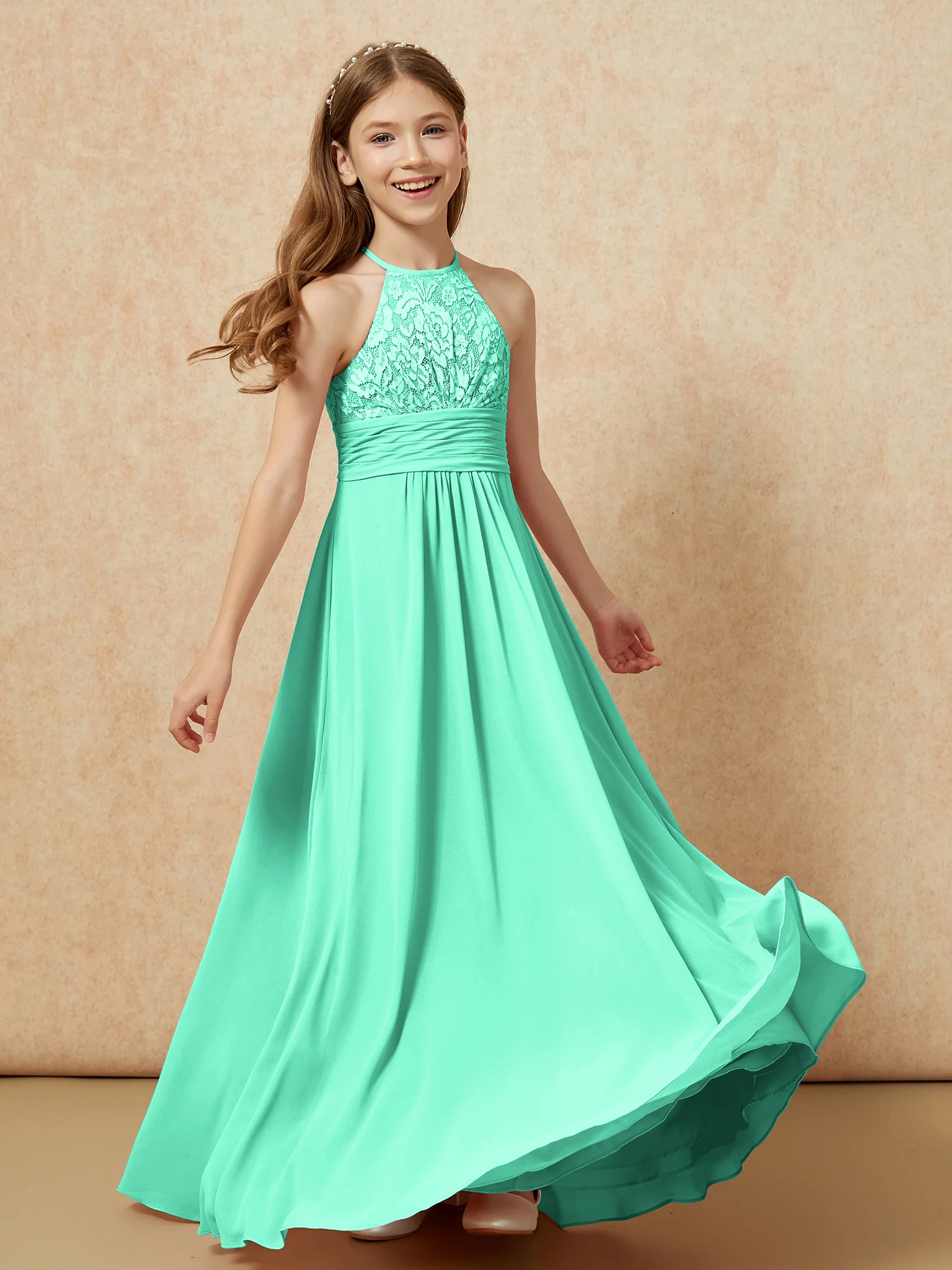Halter Neck Lace Top Chiffon Junior Bridesmaid Dress Turquoise - Image 4