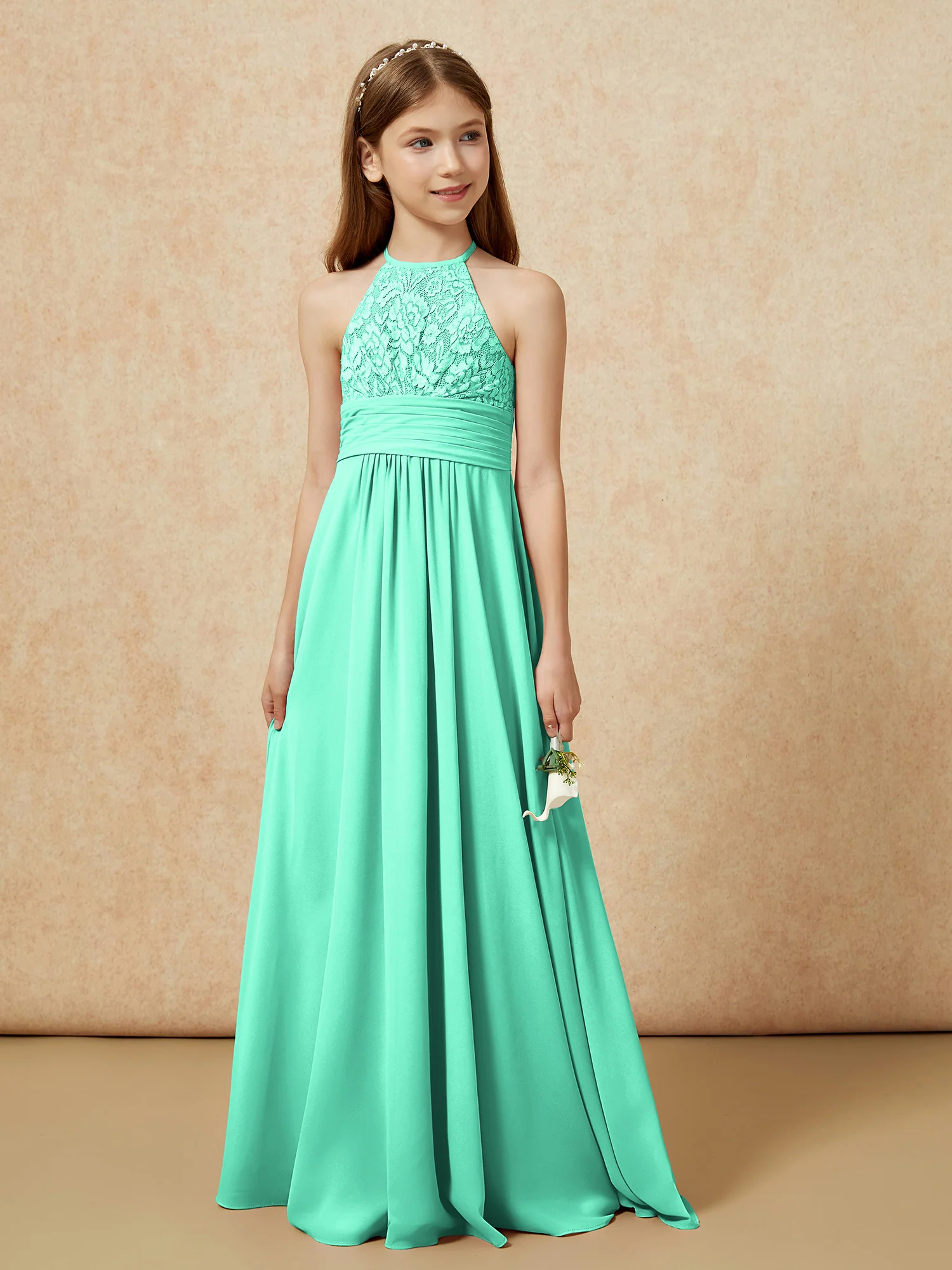 Halter Neck Lace Top Chiffon Junior Bridesmaid Dress Turquoise - Image 5