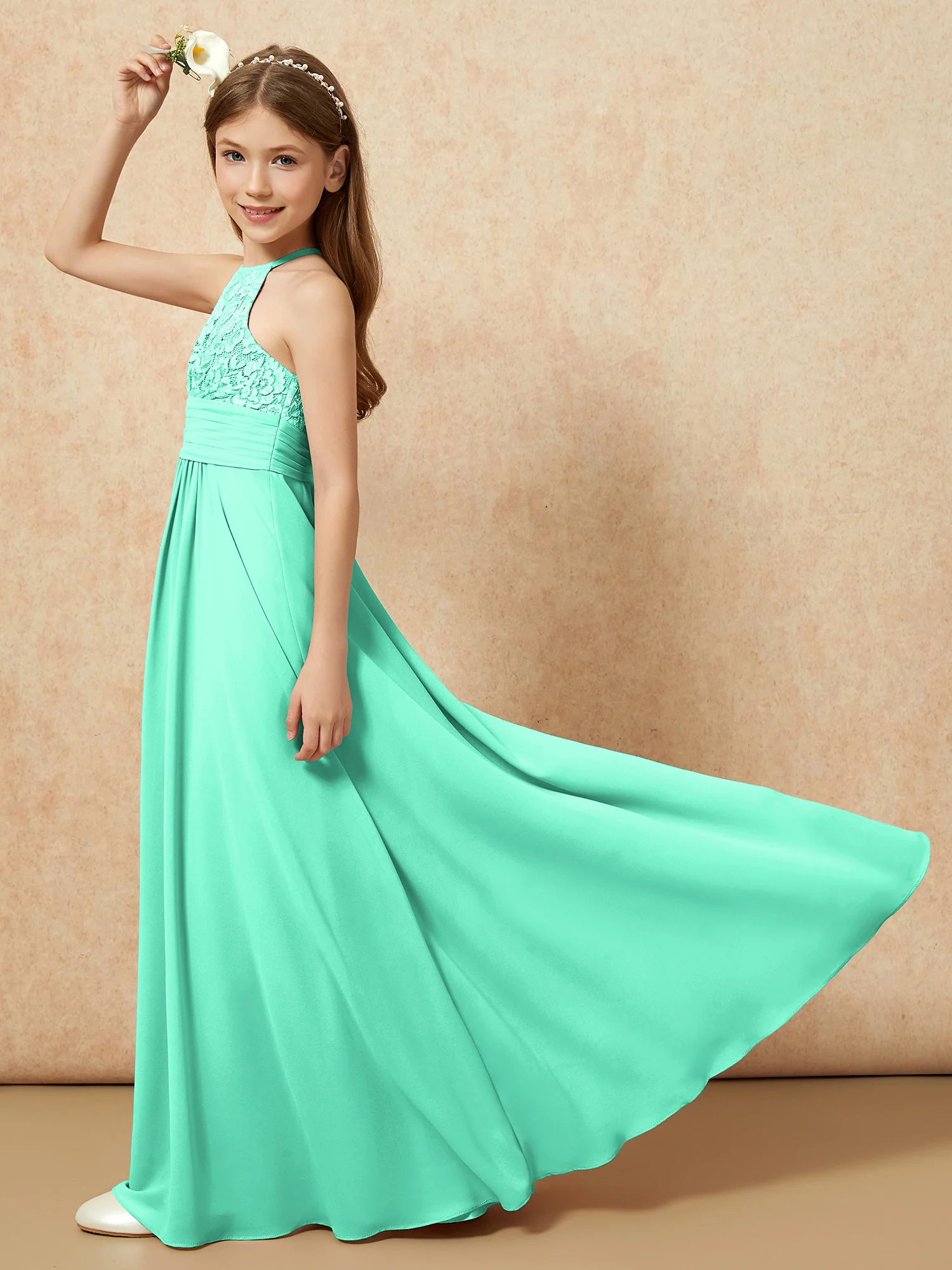 Halter Neck Lace Top Chiffon Junior Bridesmaid Dress Turquoise - Image 6