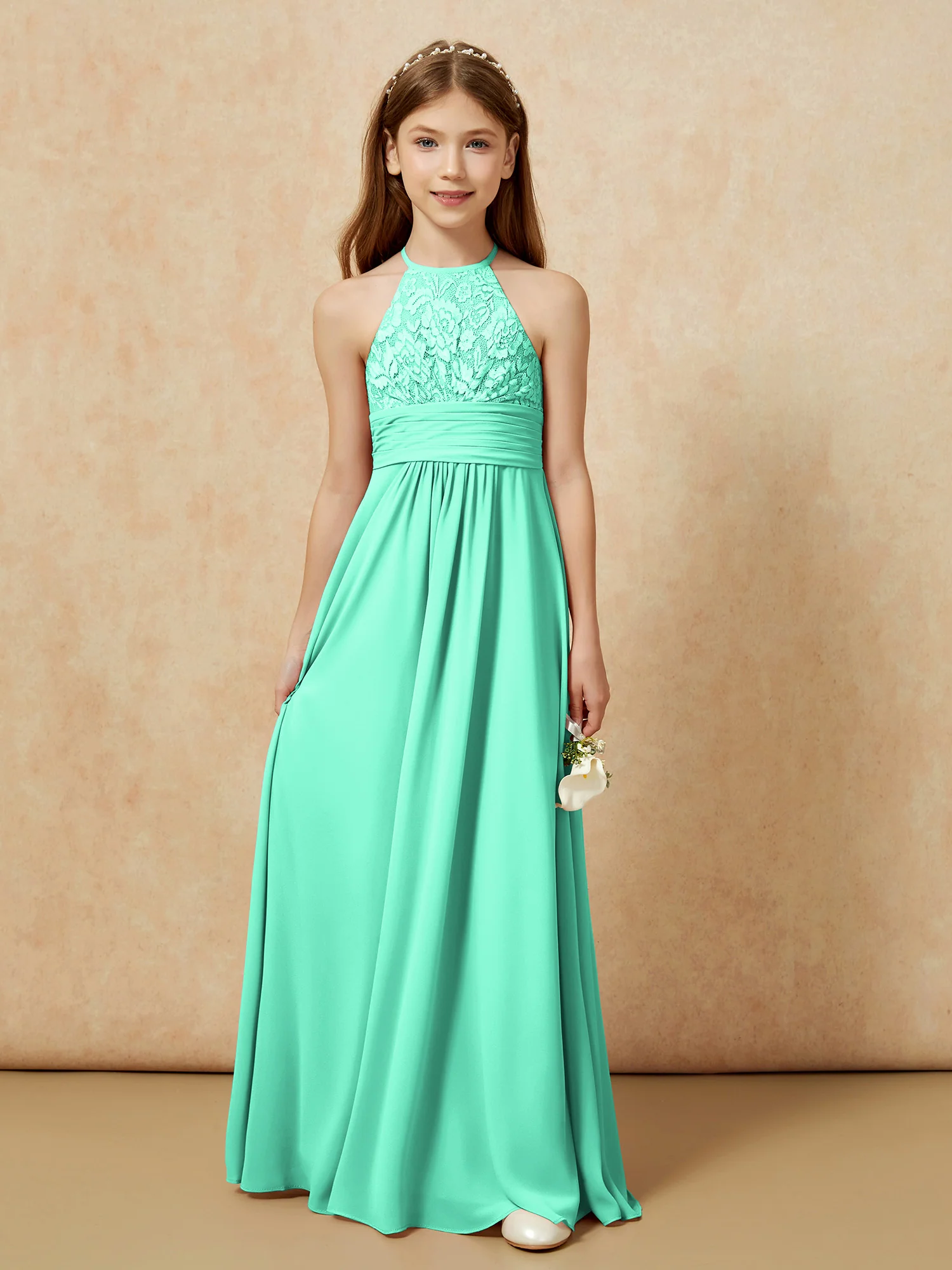 Halter Neck Lace Top Chiffon Junior Bridesmaid Dress Turquoise - Image 7