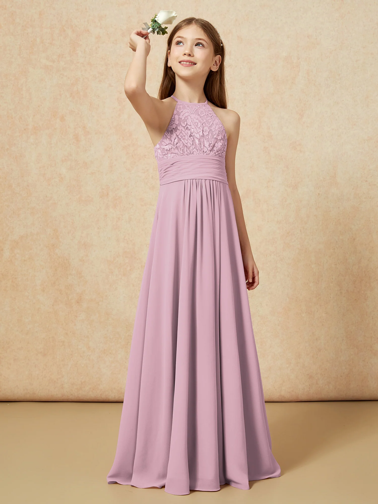 Halter Neck Lace Top Chiffon Junior Bridesmaid Dress Vintage Mauve