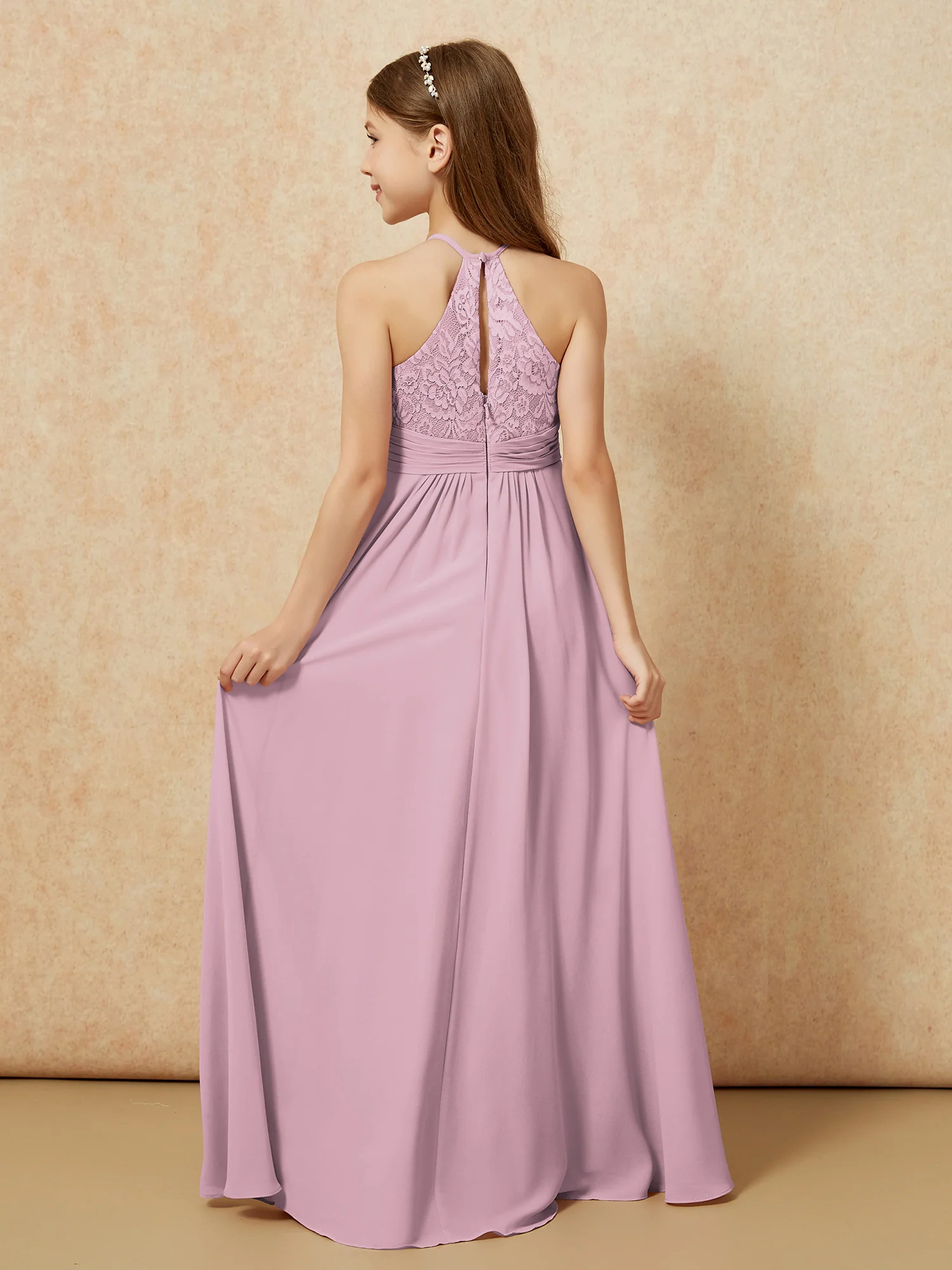 Halter Neck Lace Top Chiffon Junior Bridesmaid Dress Vintage Mauve - Image 2
