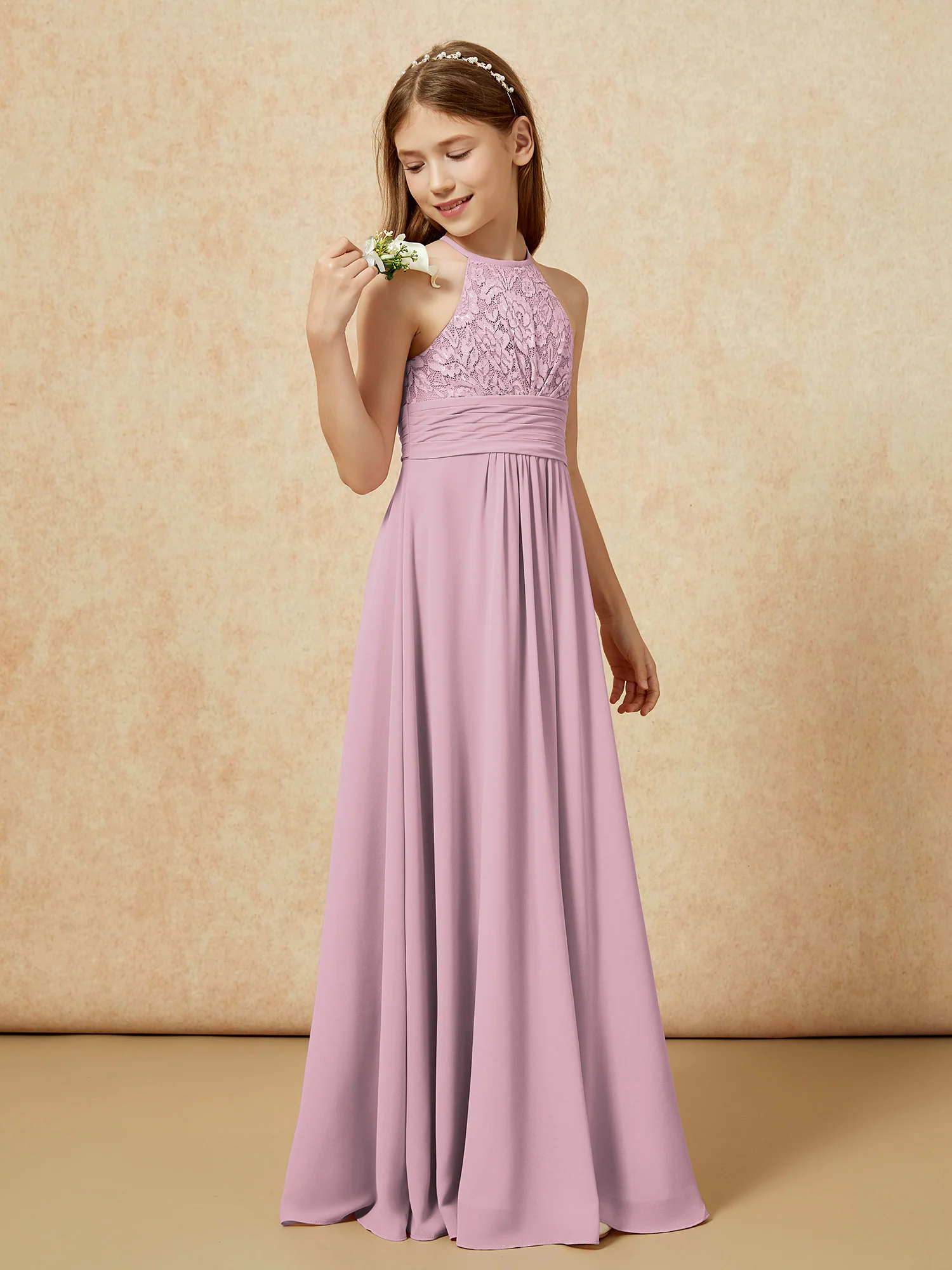 Halter Neck Lace Top Chiffon Junior Bridesmaid Dress Vintage Mauve - Image 3