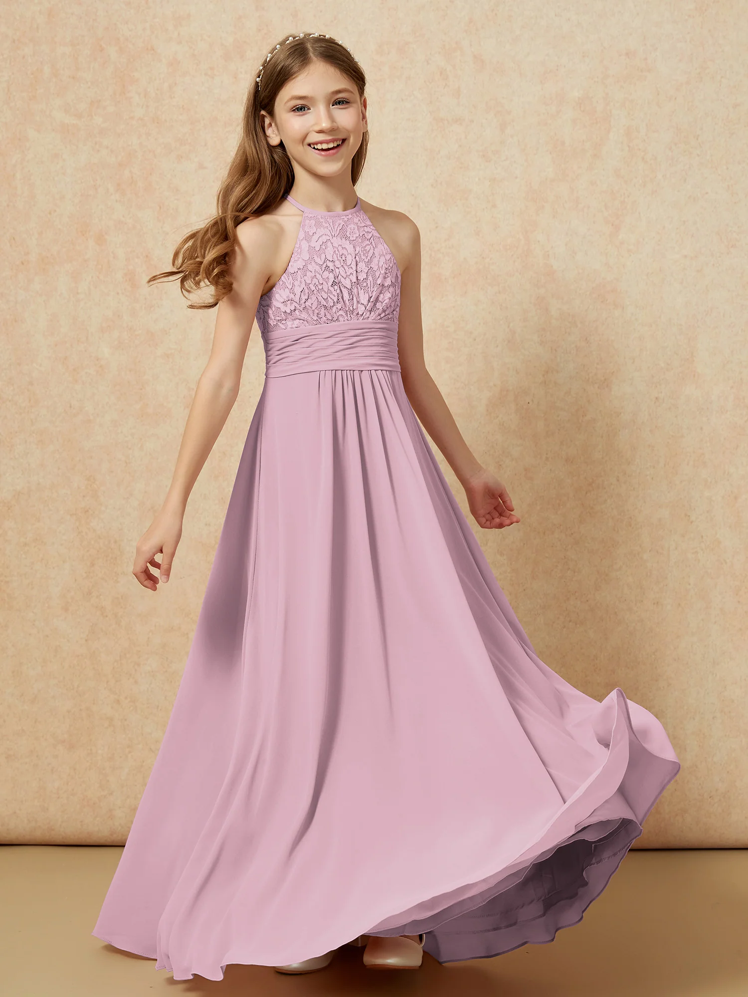 Halter Neck Lace Top Chiffon Junior Bridesmaid Dress Vintage Mauve - Image 4