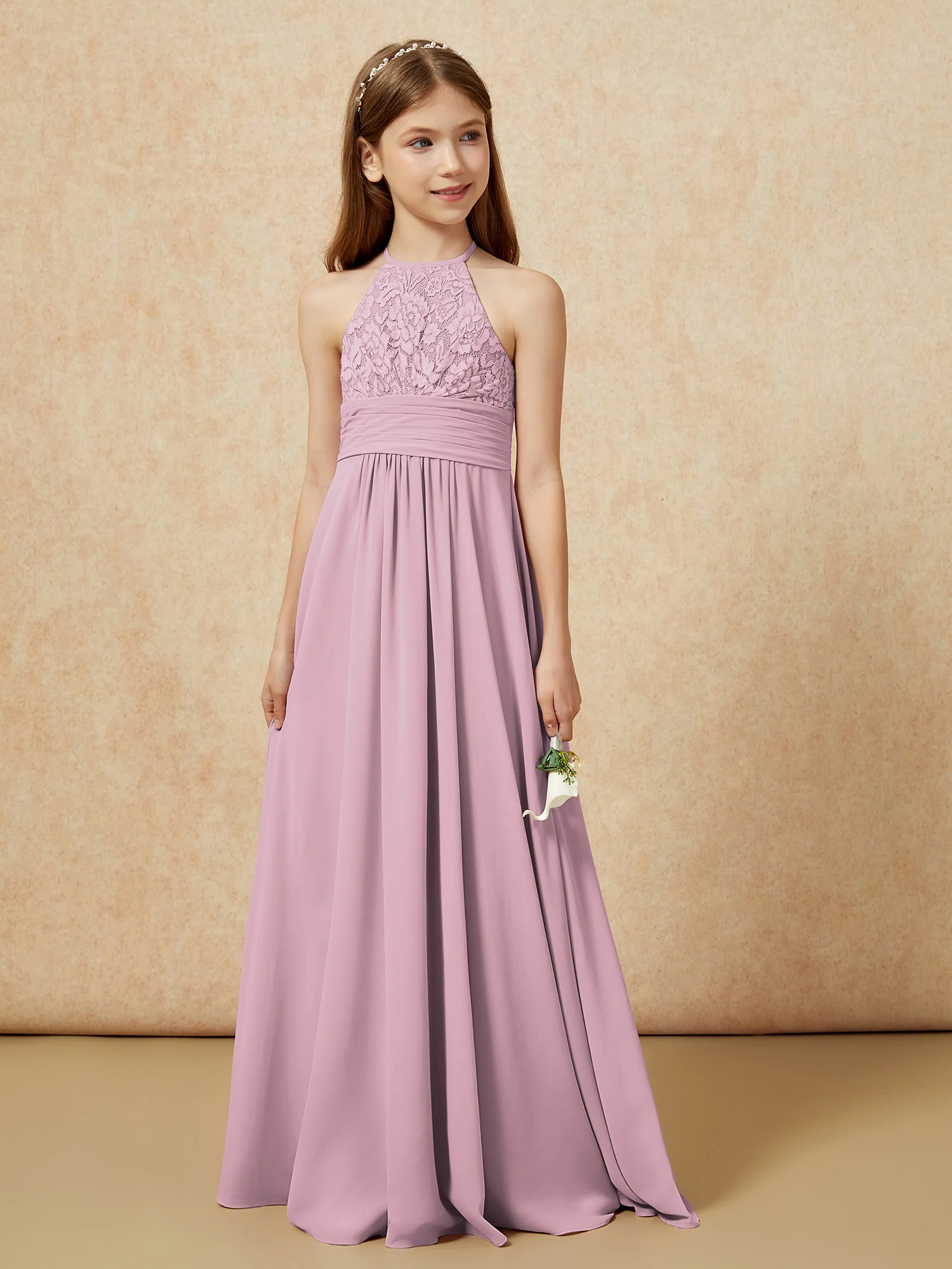 Halter Neck Lace Top Chiffon Junior Bridesmaid Dress Vintage Mauve - Image 5