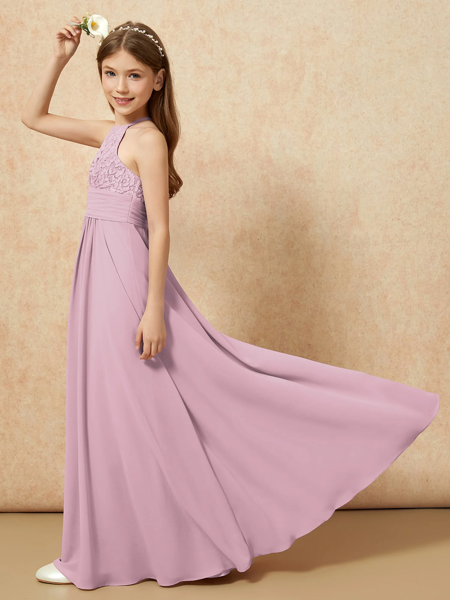 Halter Neck Lace Top Chiffon Junior Bridesmaid Dress Vintage Mauve - Image 6