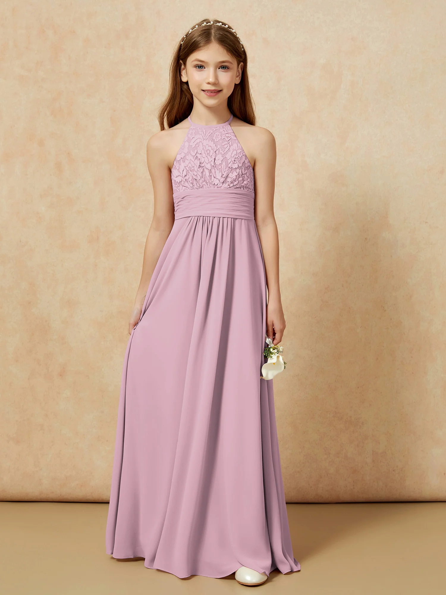 Halter Neck Lace Top Chiffon Junior Bridesmaid Dress Vintage Mauve - Image 7