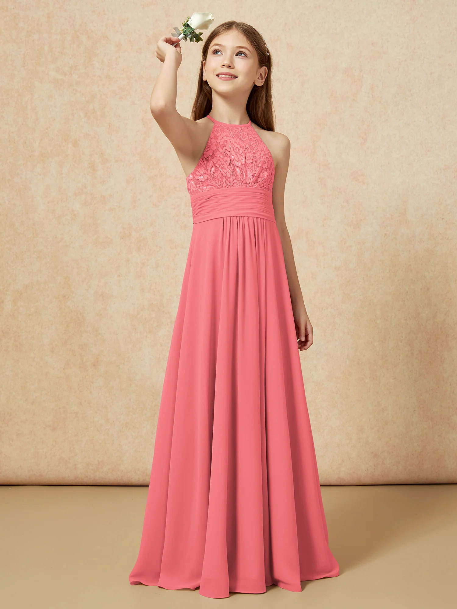 Halter Neck Lace Top Chiffon Junior Bridesmaid Dress Watermelon