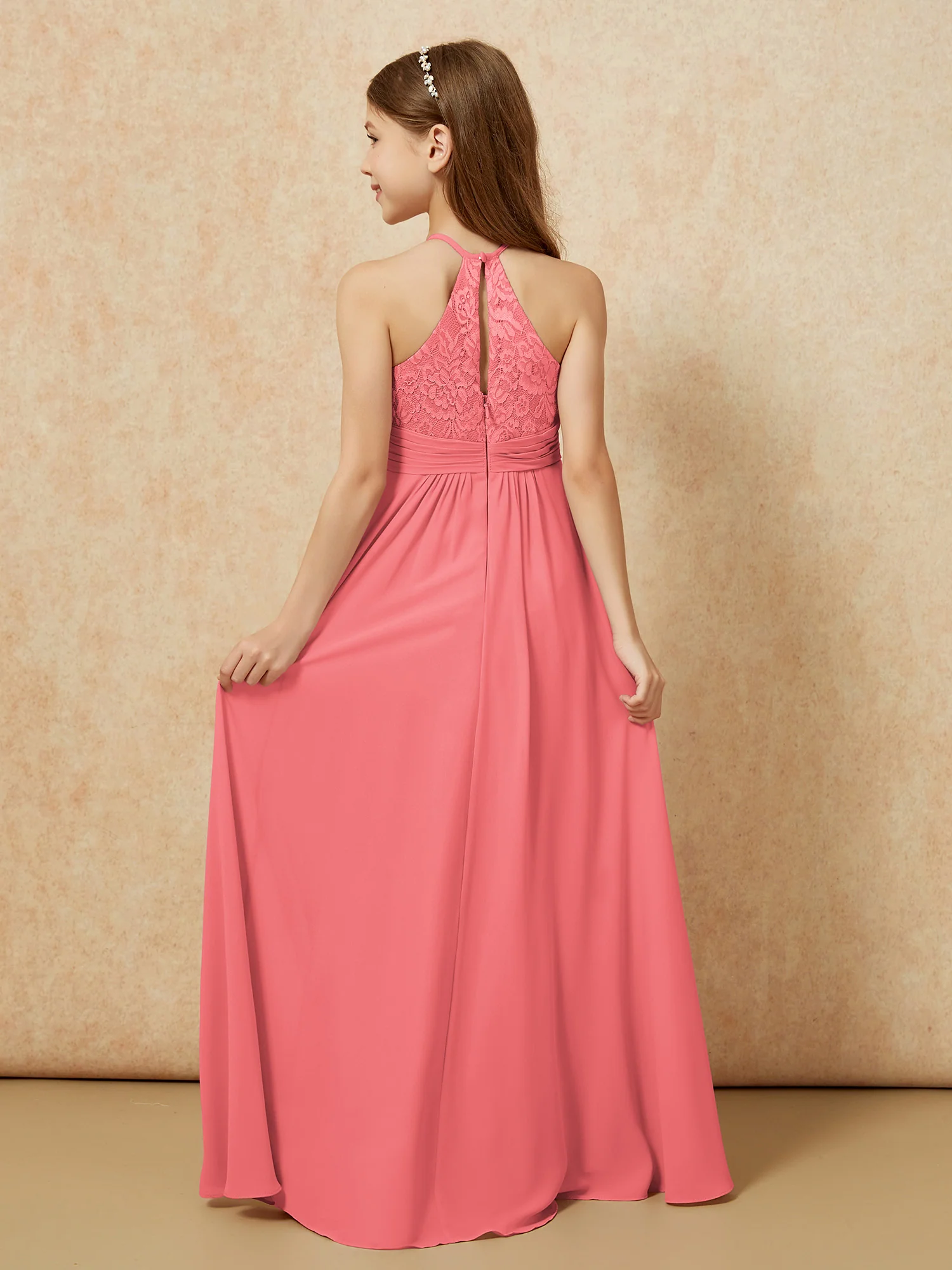 Halter Neck Lace Top Chiffon Junior Bridesmaid Dress Watermelon - Image 2