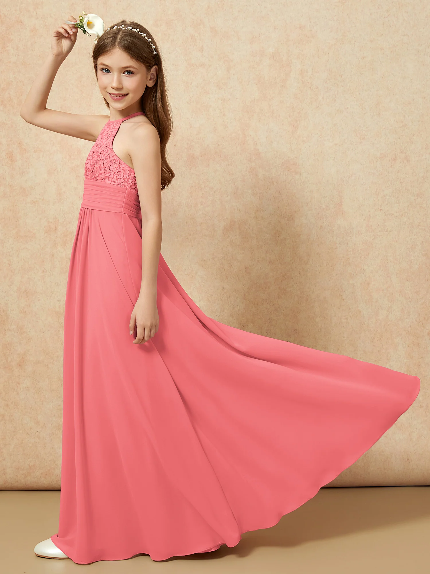 Halter Neck Lace Top Chiffon Junior Bridesmaid Dress Watermelon - Image 6