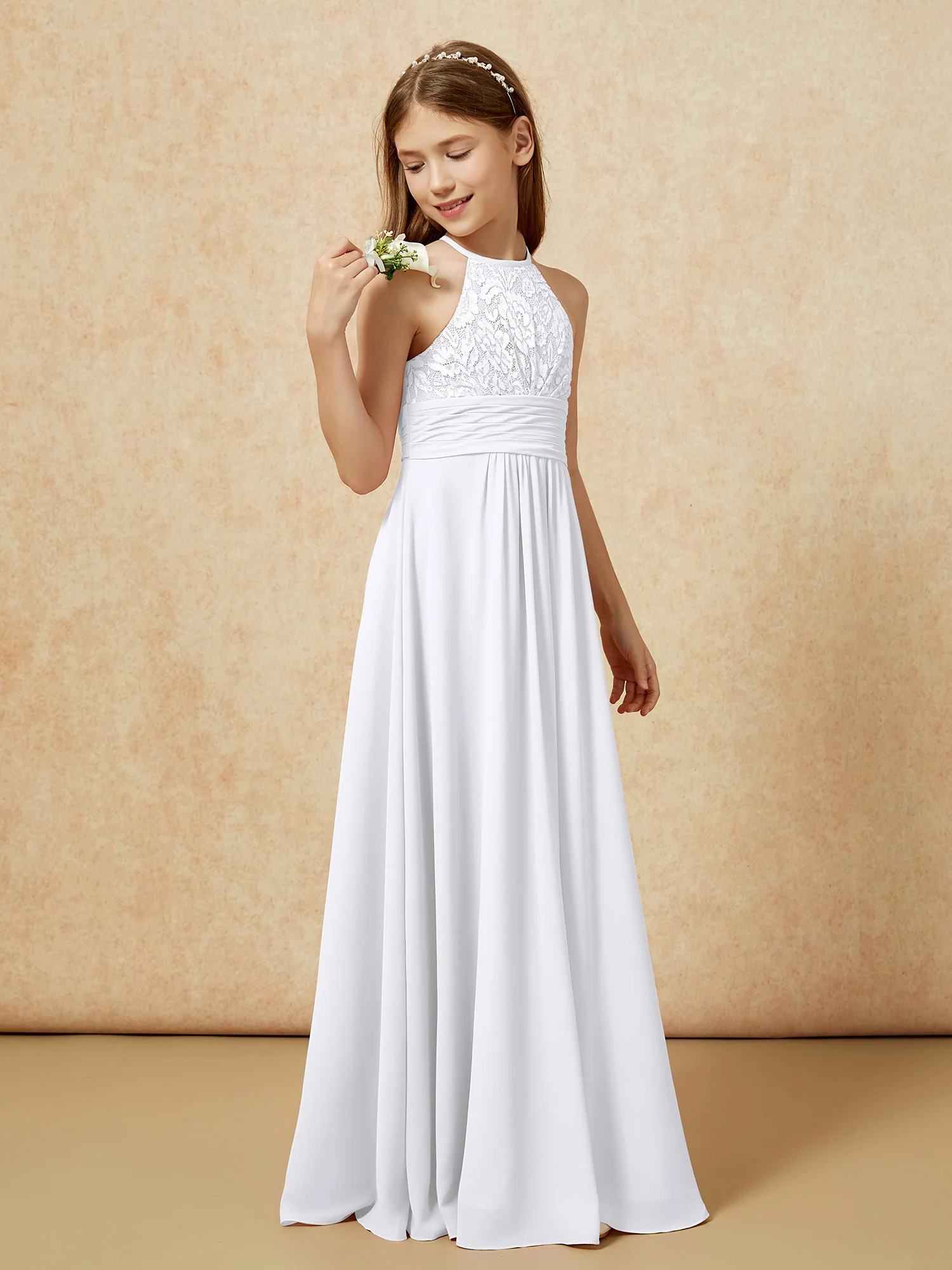 Halter Neck Lace Top Chiffon Junior Bridesmaid Dress White - Image 3