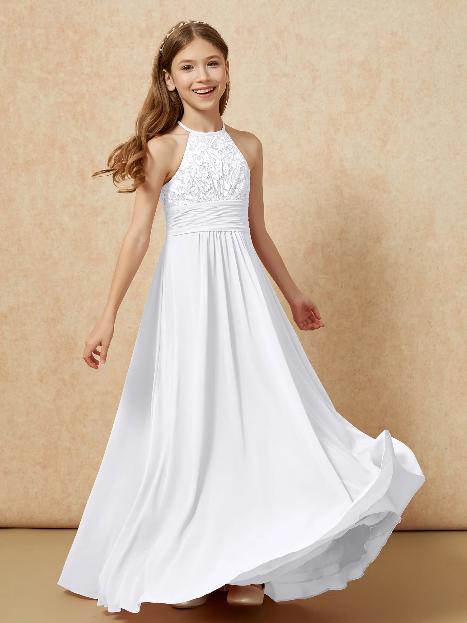 Halter Neck Lace Top Chiffon Junior Bridesmaid Dress White - Image 4