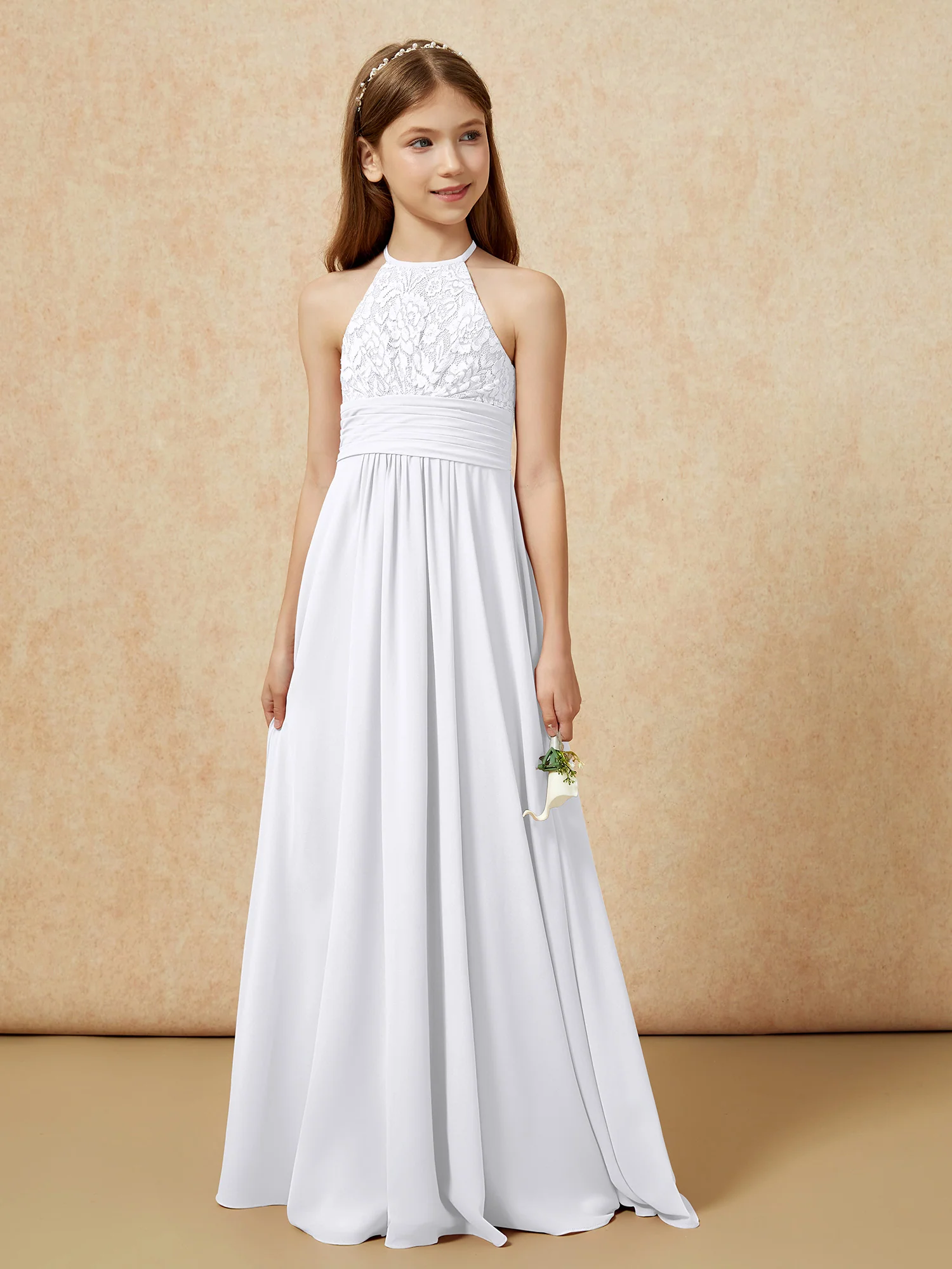 Halter Neck Lace Top Chiffon Junior Bridesmaid Dress White - Image 5