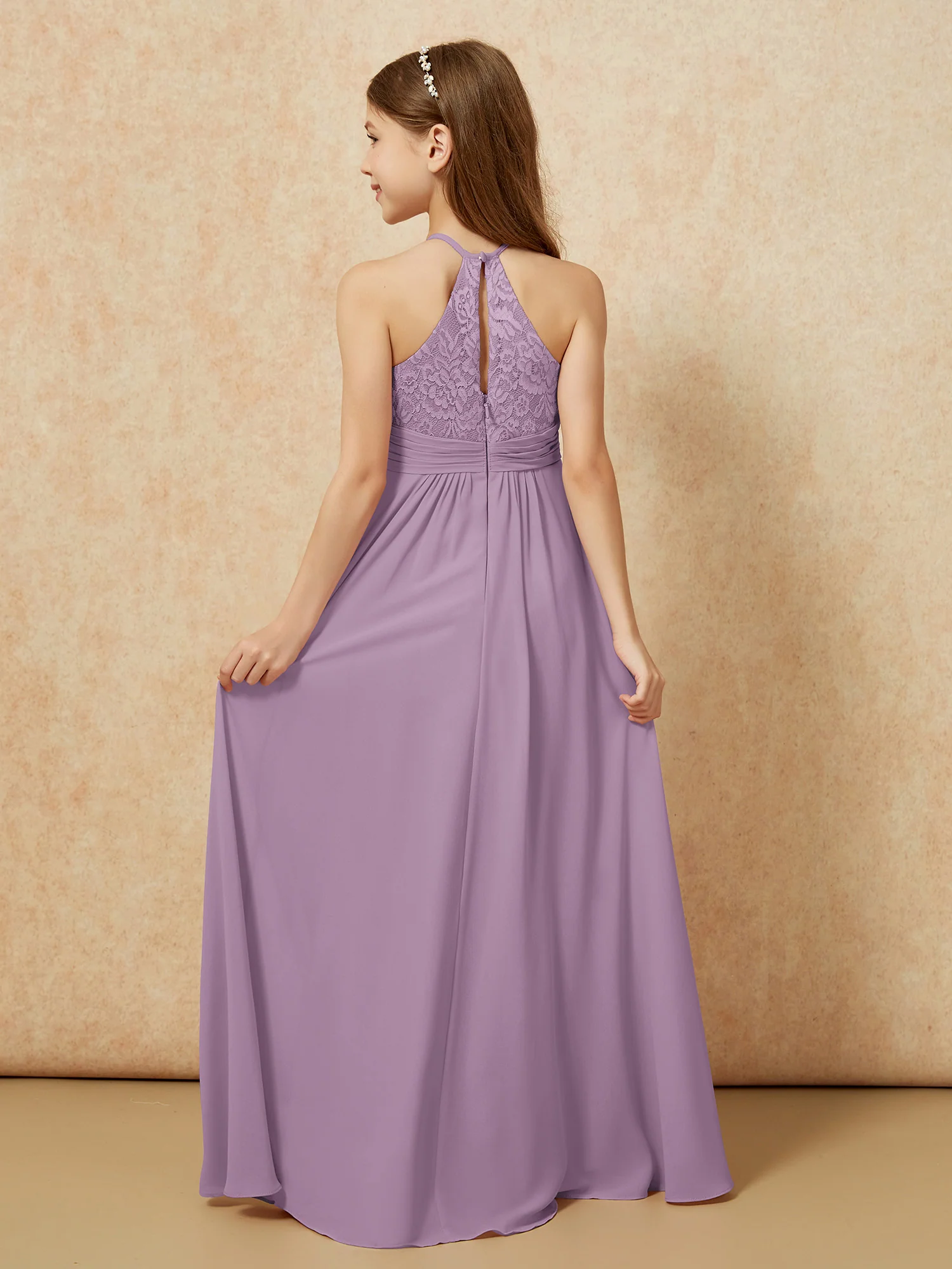 Halter Neck Lace Top Chiffon Junior Bridesmaid Dress Wisteria - Image 2
