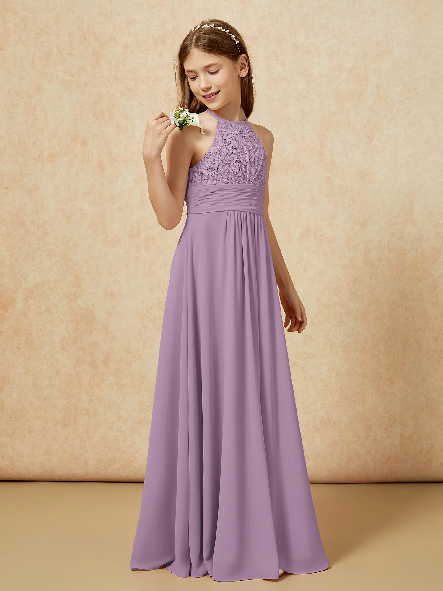 Halter Neck Lace Top Chiffon Junior Bridesmaid Dress Wisteria - Image 3