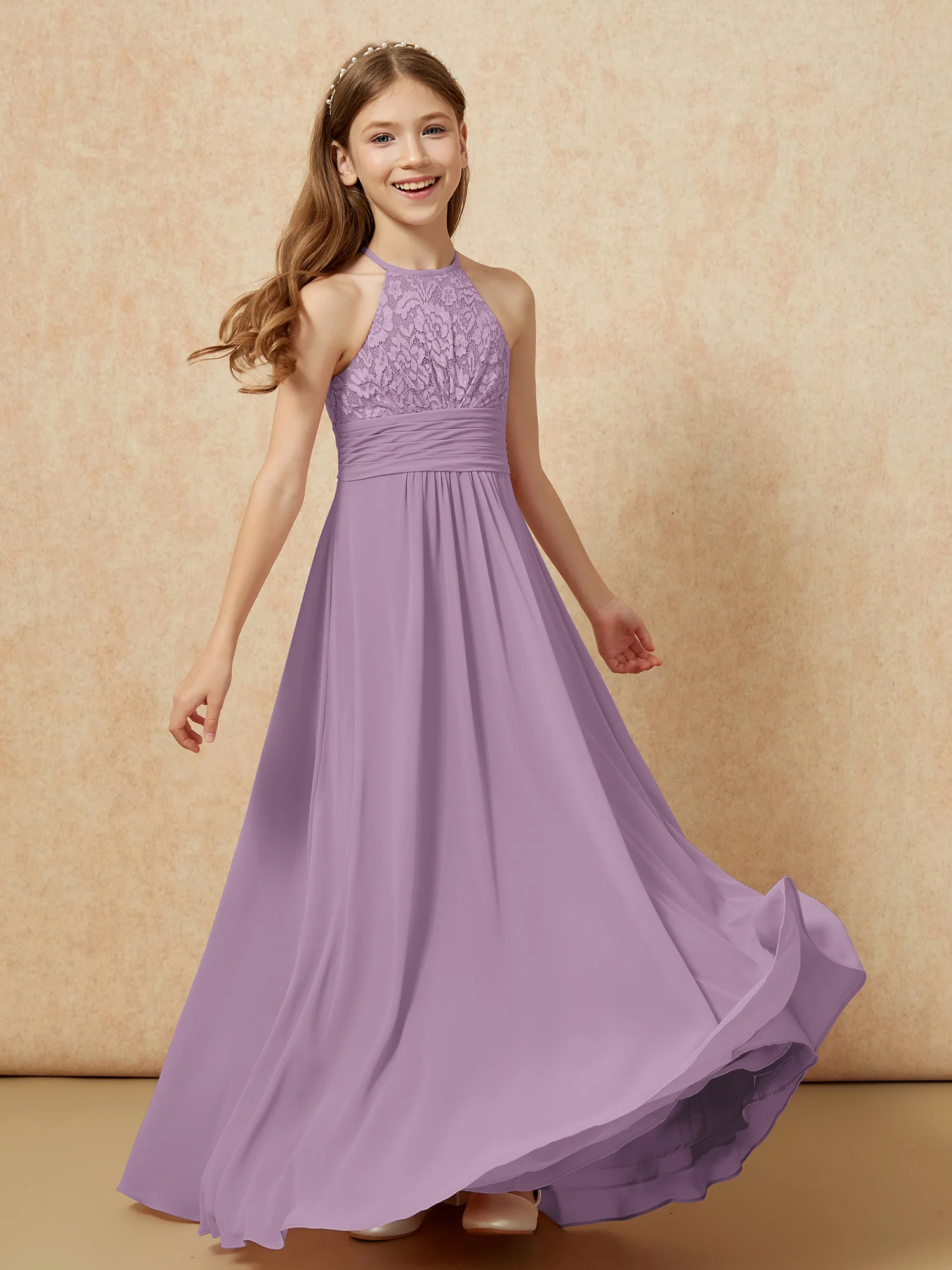 Halter Neck Lace Top Chiffon Junior Bridesmaid Dress Wisteria - Image 4