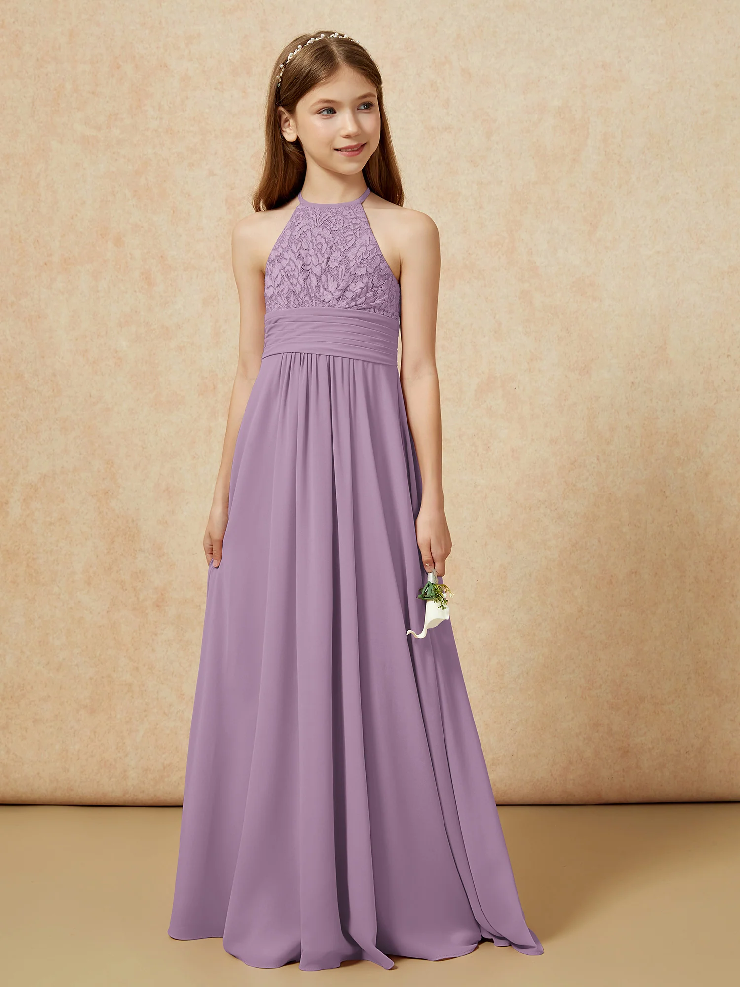 Halter Neck Lace Top Chiffon Junior Bridesmaid Dress Wisteria - Image 5