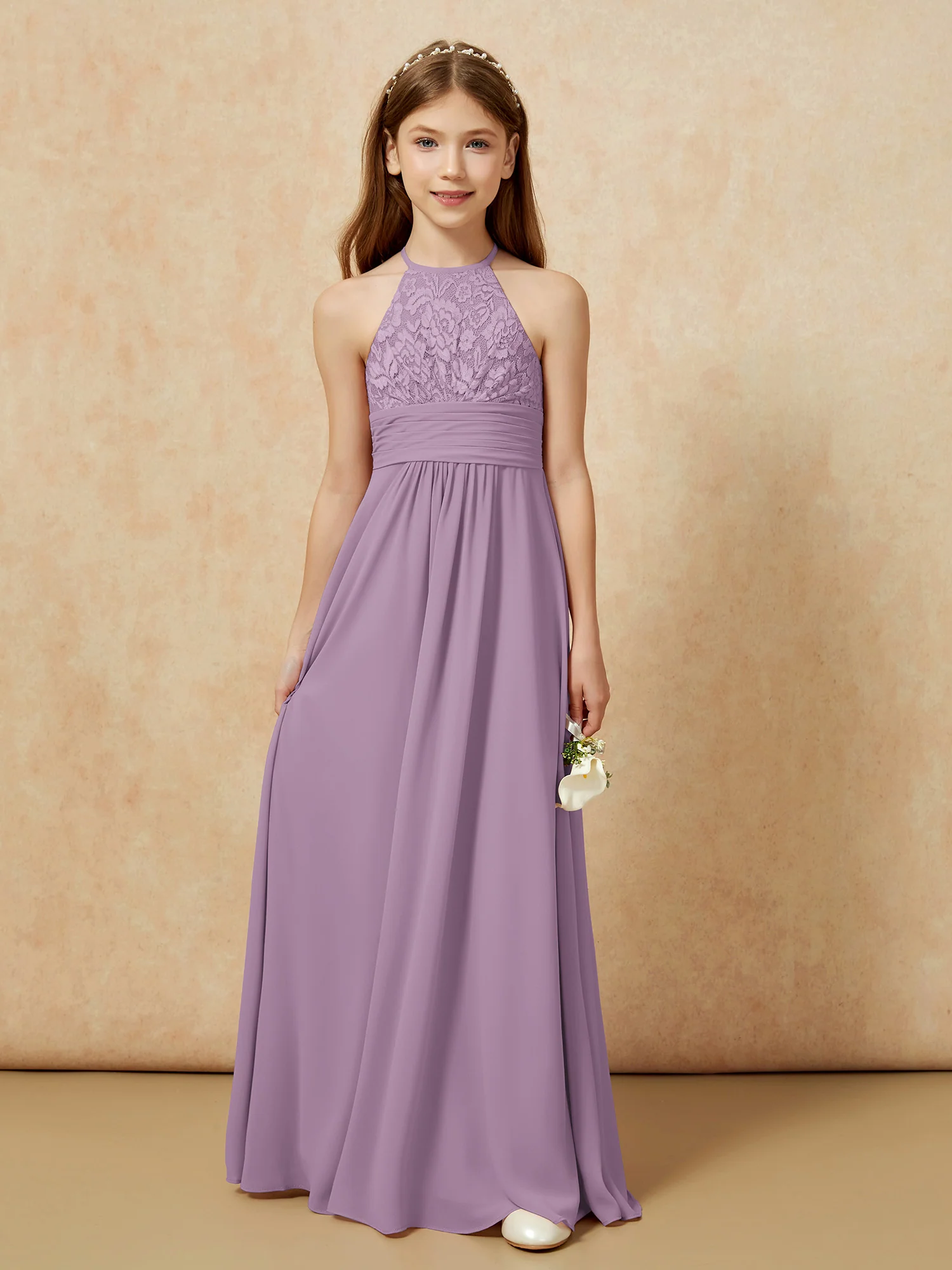 Halter Neck Lace Top Chiffon Junior Bridesmaid Dress Wisteria - Image 7