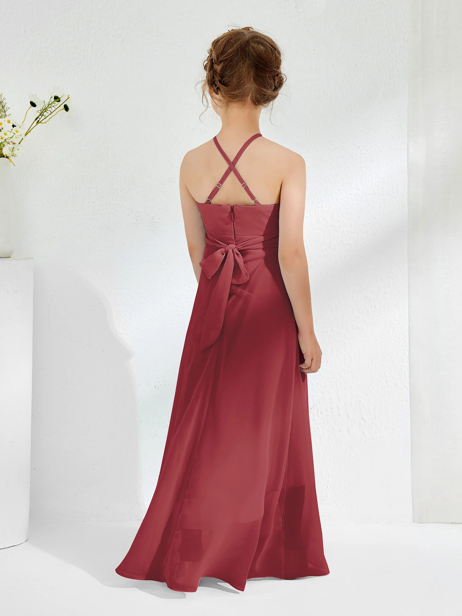 Halter Neckline Junior Bridesmaid Dresses with Sash Cinnamon Rose - Image 2