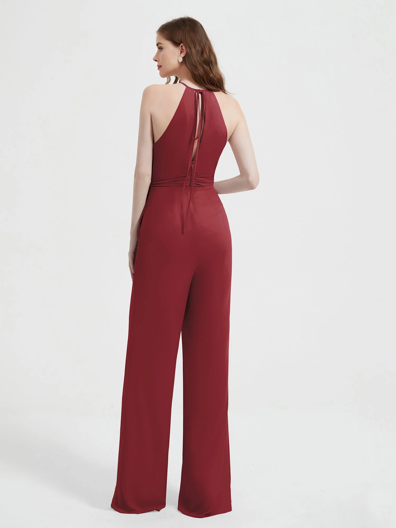 Halter Neckline Sleeveless Pleated Jumpsuit With Sash Cinnamon Rose - Image 2