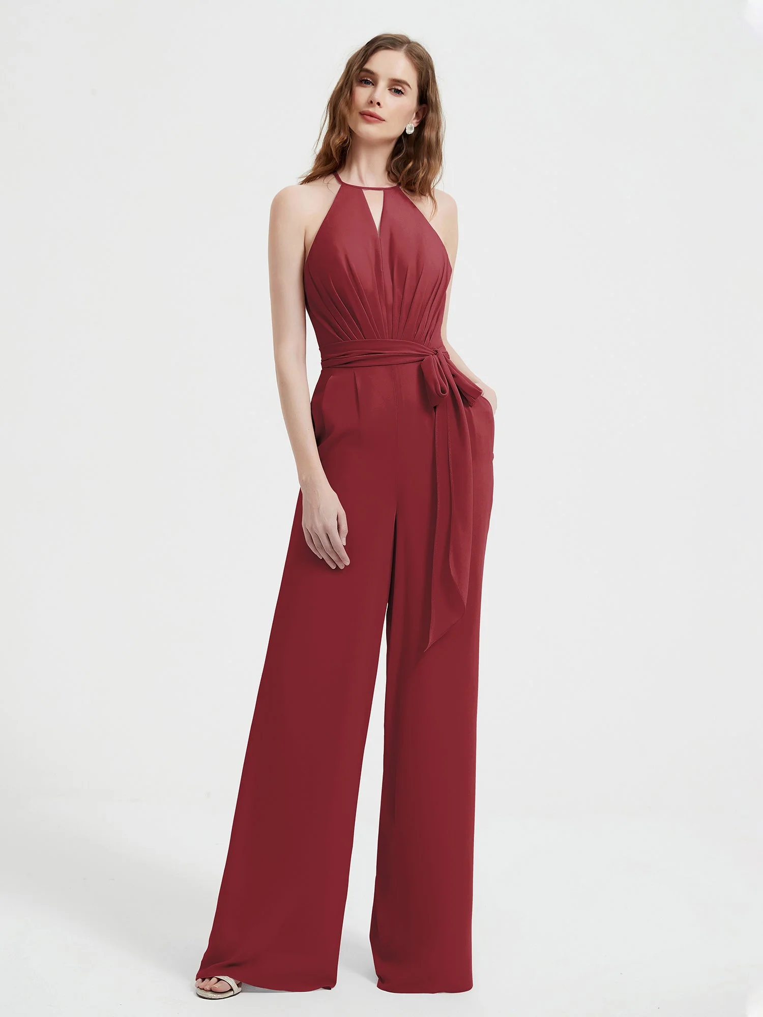 Halter Neckline Sleeveless Pleated Jumpsuit With Sash Cinnamon Rose Plus Size