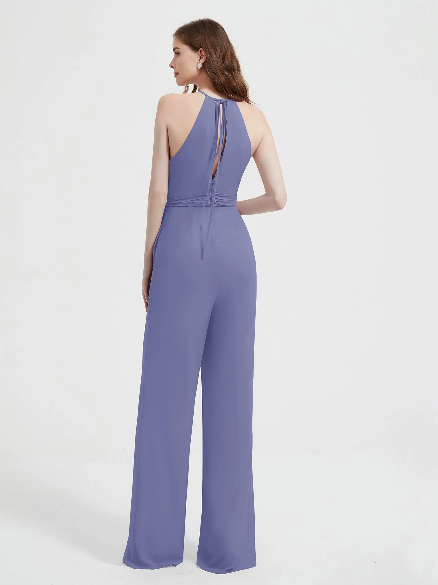Halter Neckline Sleeveless Pleated Jumpsuit With Sash Periwinkle Plus Size - Image 2