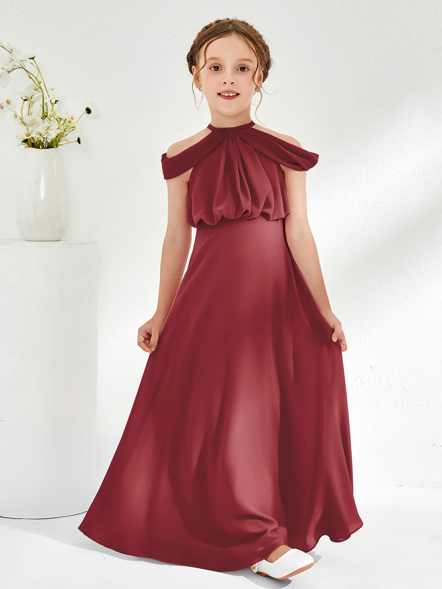 Halter Off-the-shoulder Junior Bridesmaid Dress Cinnamon Rose