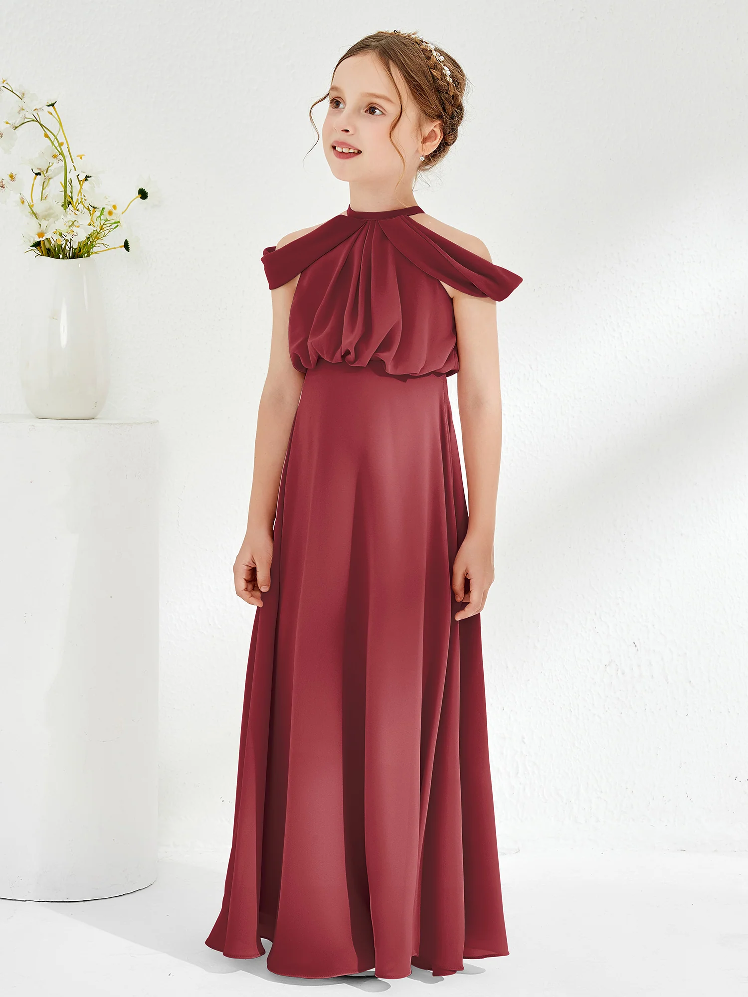 Halter Off-the-shoulder Junior Bridesmaid Dress Cinnamon Rose - Image 3