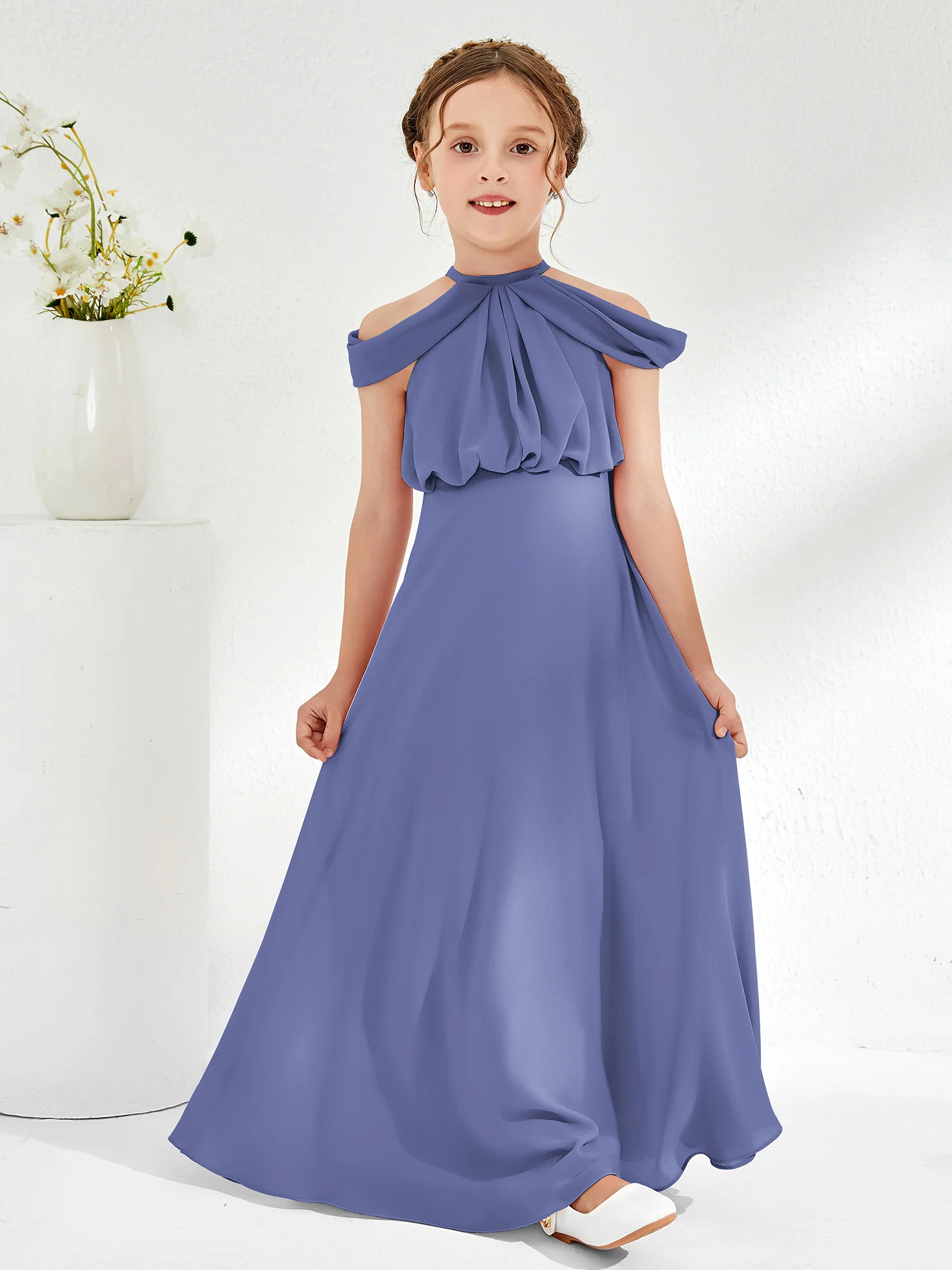 Halter Off-the-shoulder Junior Bridesmaid Dress Periwinkle