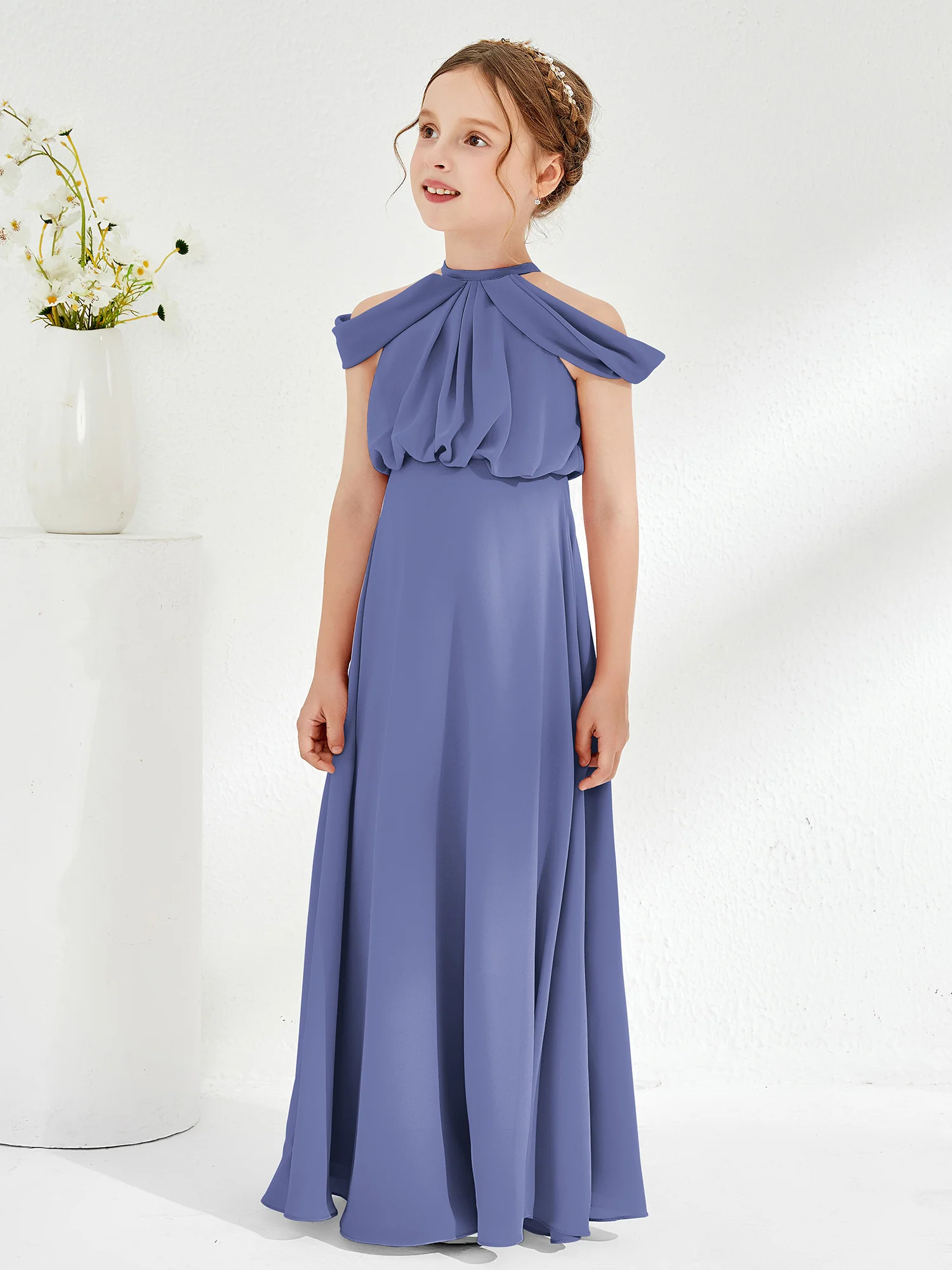 Halter Off-the-shoulder Junior Bridesmaid Dress Periwinkle - Image 3