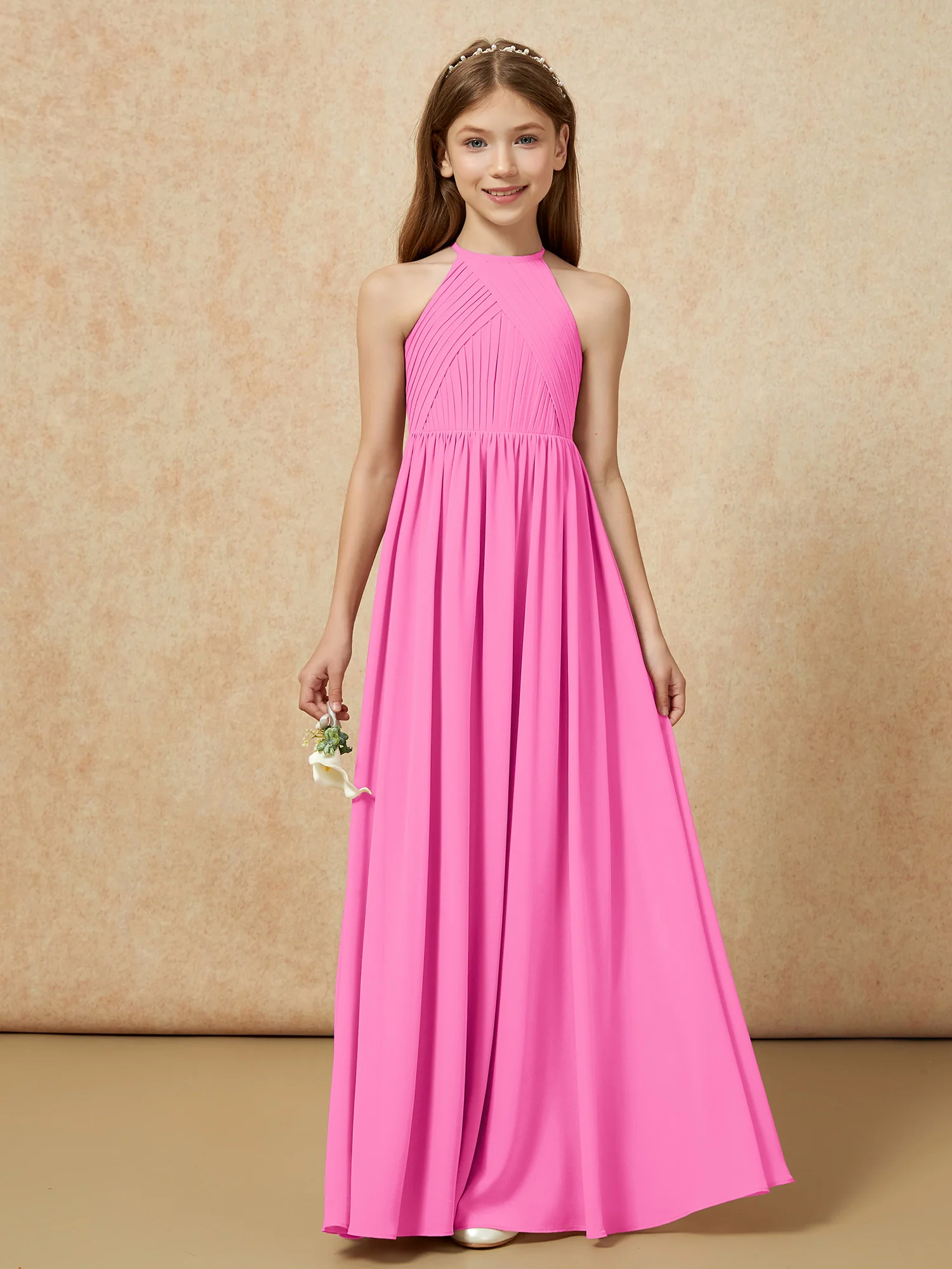 Halter Pleated Long Chiffon Junior Bridesmaid Dress Azalea