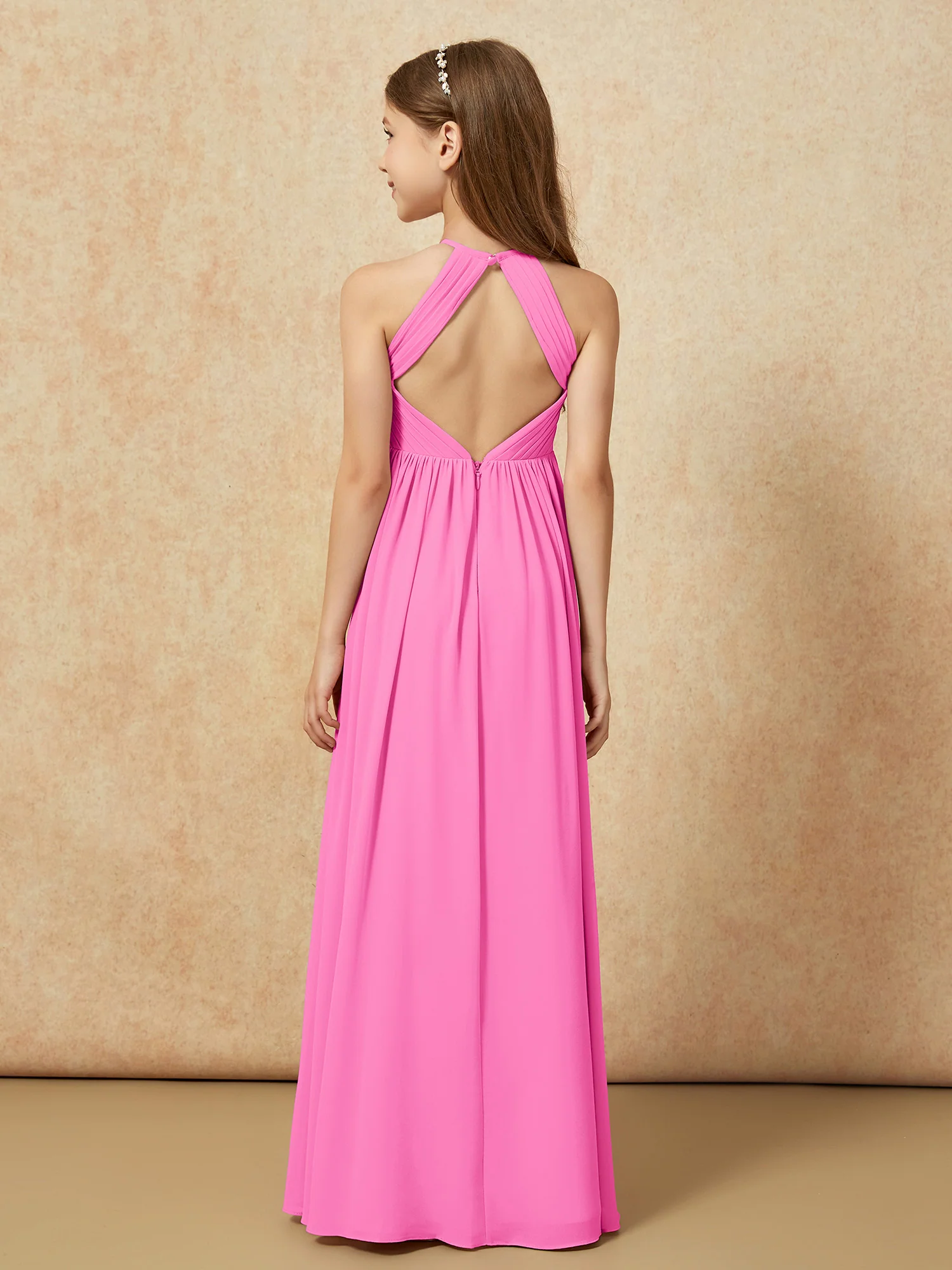 Halter Pleated Long Chiffon Junior Bridesmaid Dress Azalea - Image 2