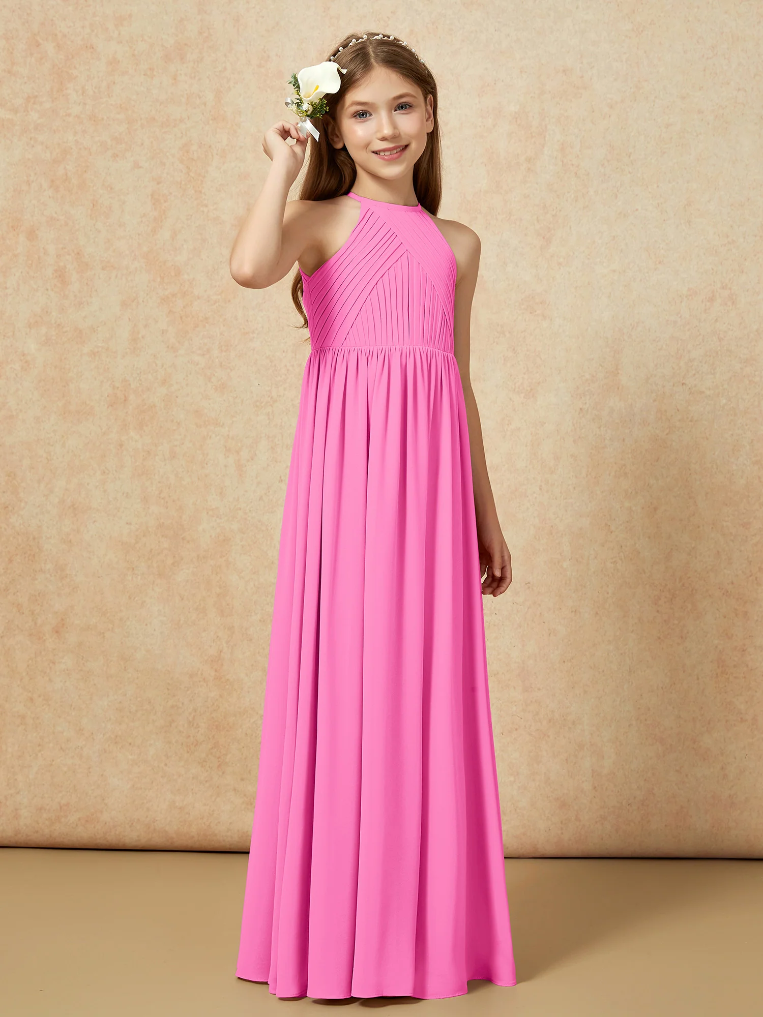 Halter Pleated Long Chiffon Junior Bridesmaid Dress Azalea - Image 4