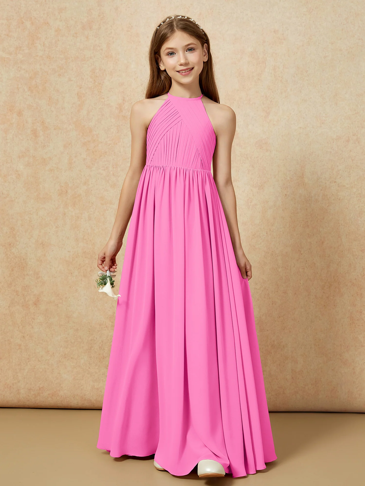 Halter Pleated Long Chiffon Junior Bridesmaid Dress Azalea - Image 6