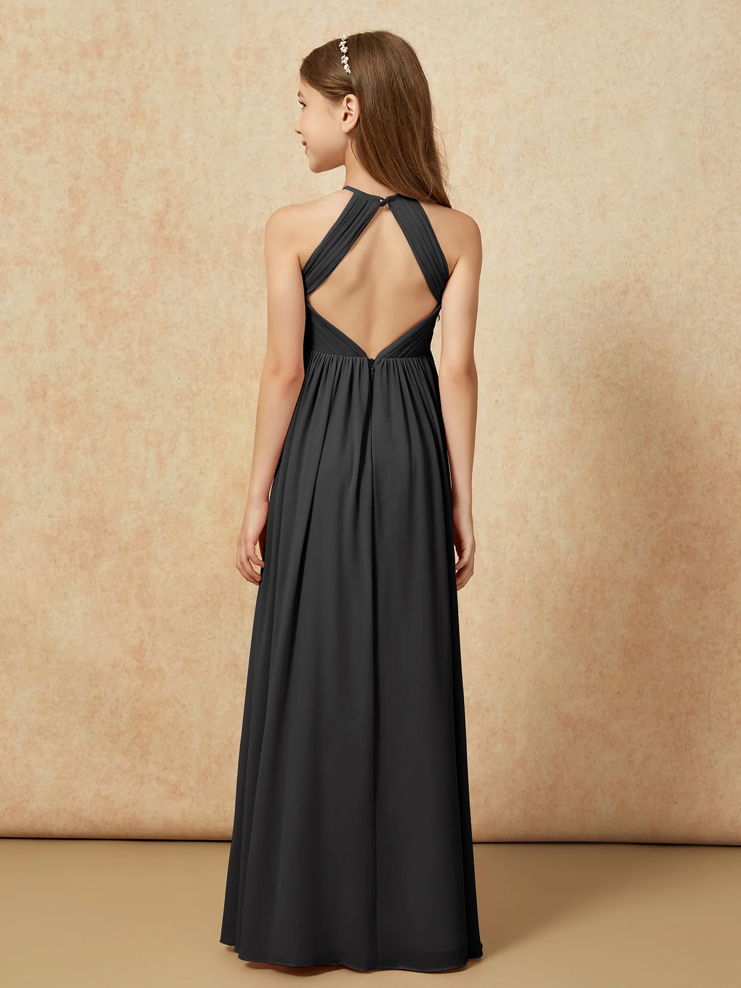 Halter Pleated Long Chiffon Junior Bridesmaid Dress Black - Image 2