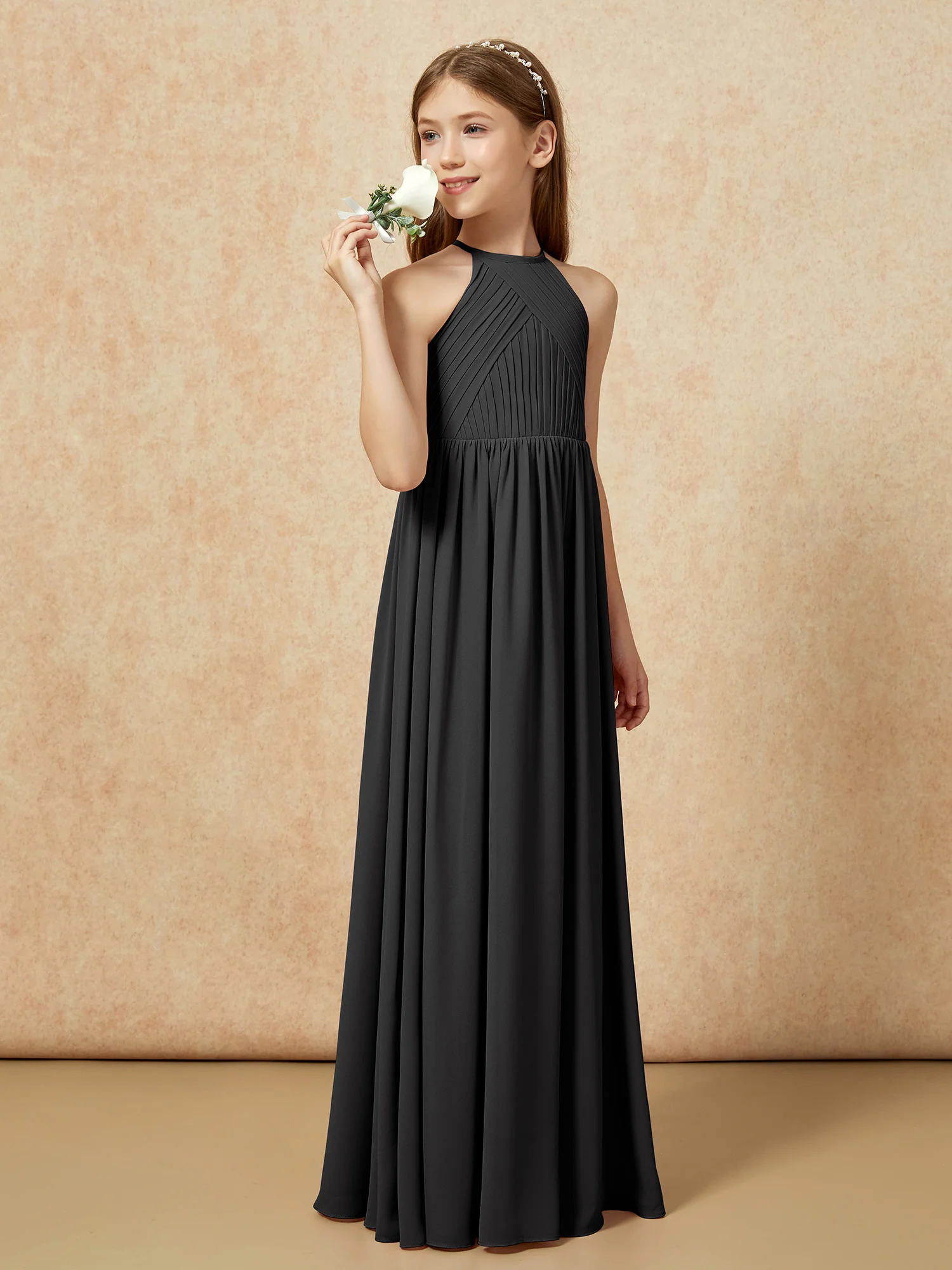 Halter Pleated Long Chiffon Junior Bridesmaid Dress Black - Image 3