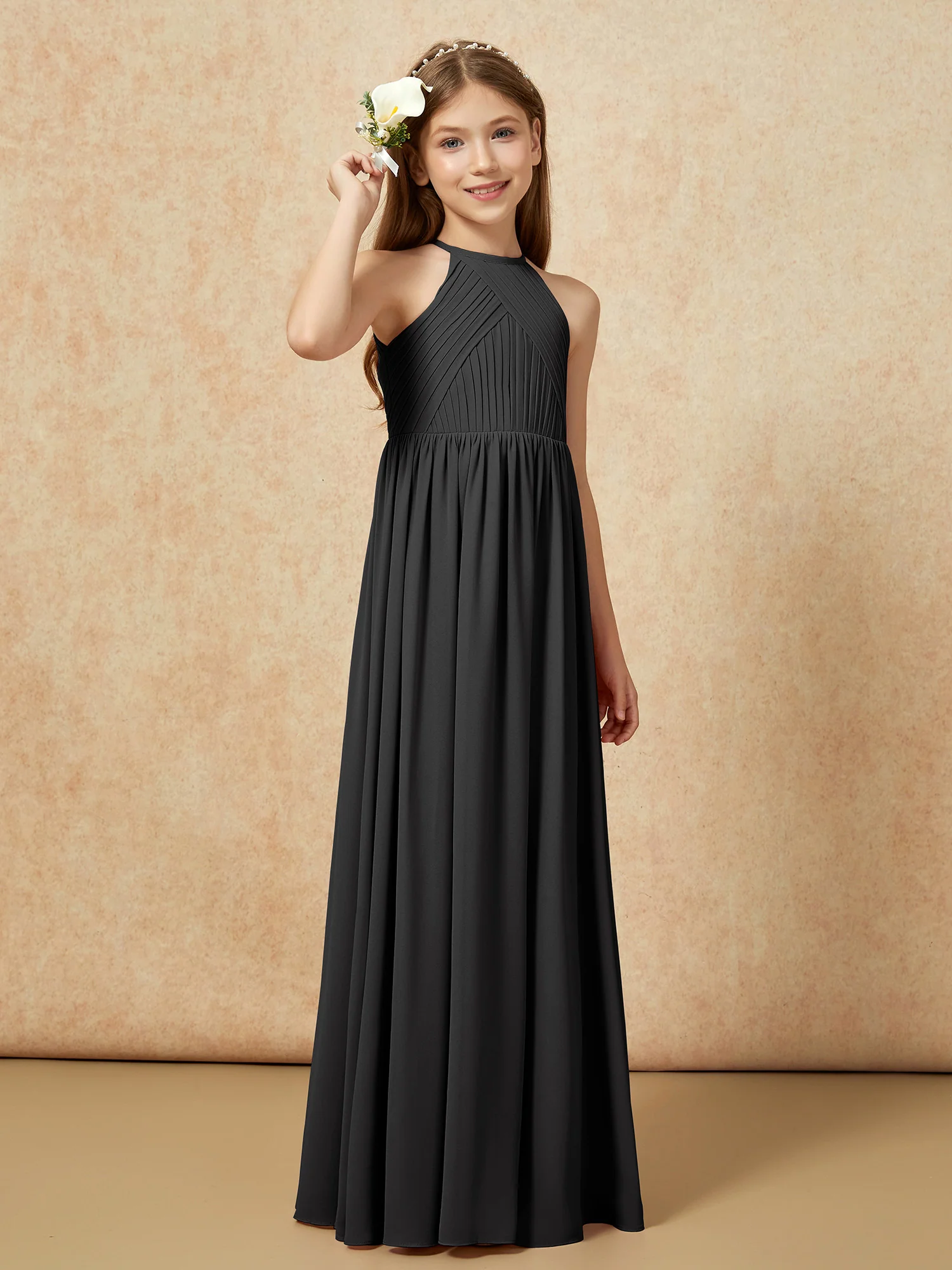 Halter Pleated Long Chiffon Junior Bridesmaid Dress Black - Image 4