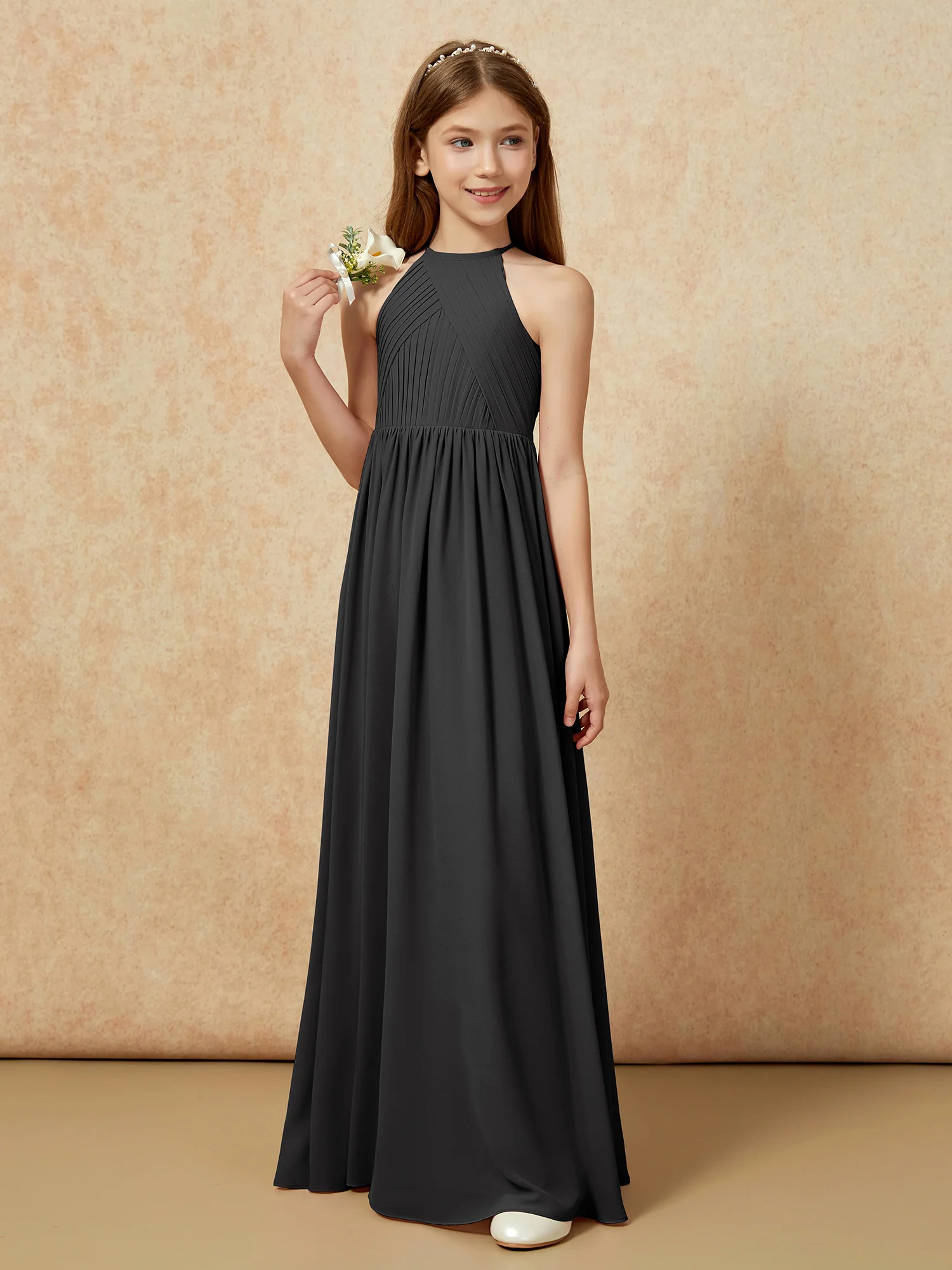 Halter Pleated Long Chiffon Junior Bridesmaid Dress Black - Image 5