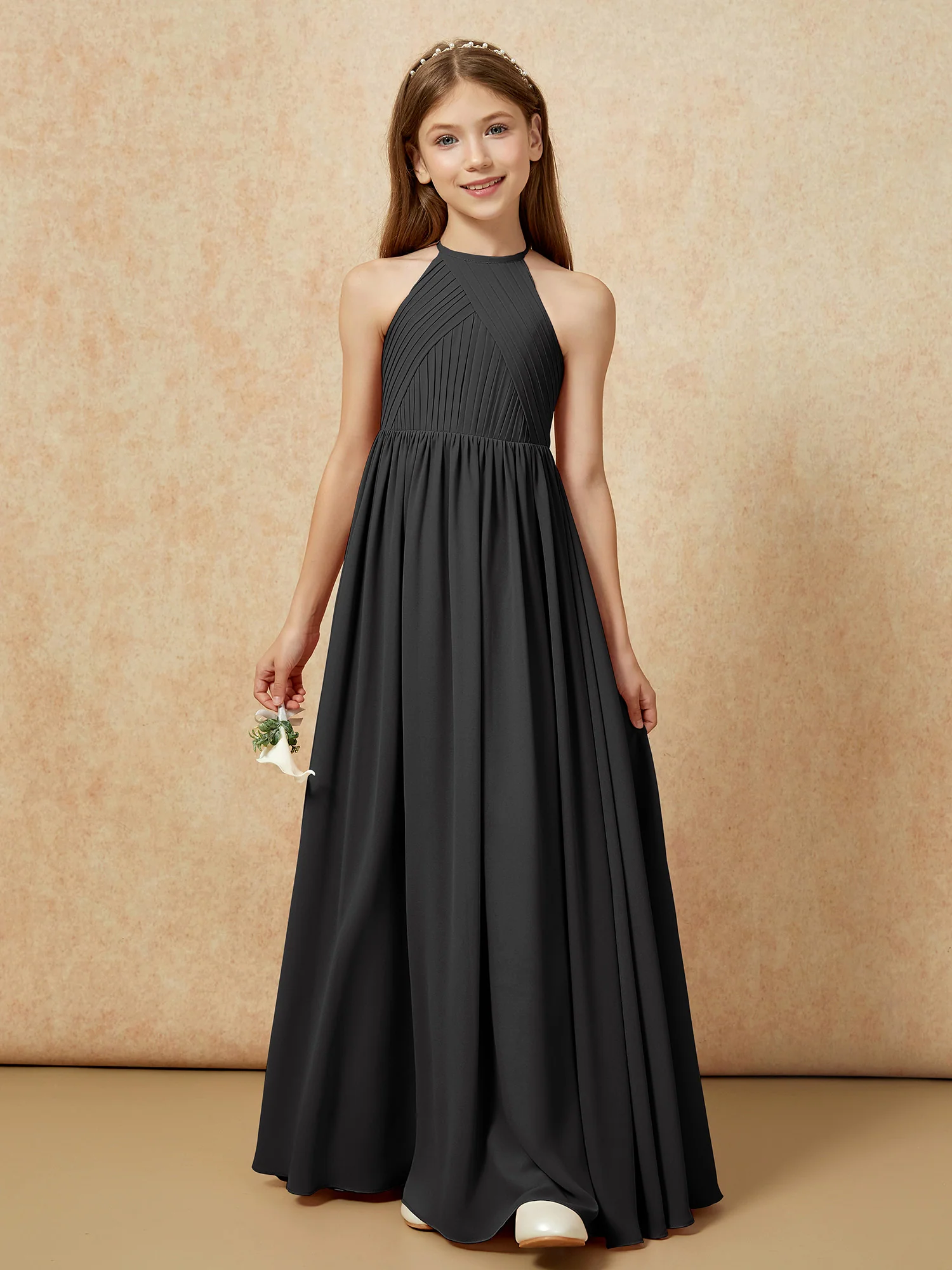 Halter Pleated Long Chiffon Junior Bridesmaid Dress Black - Image 6