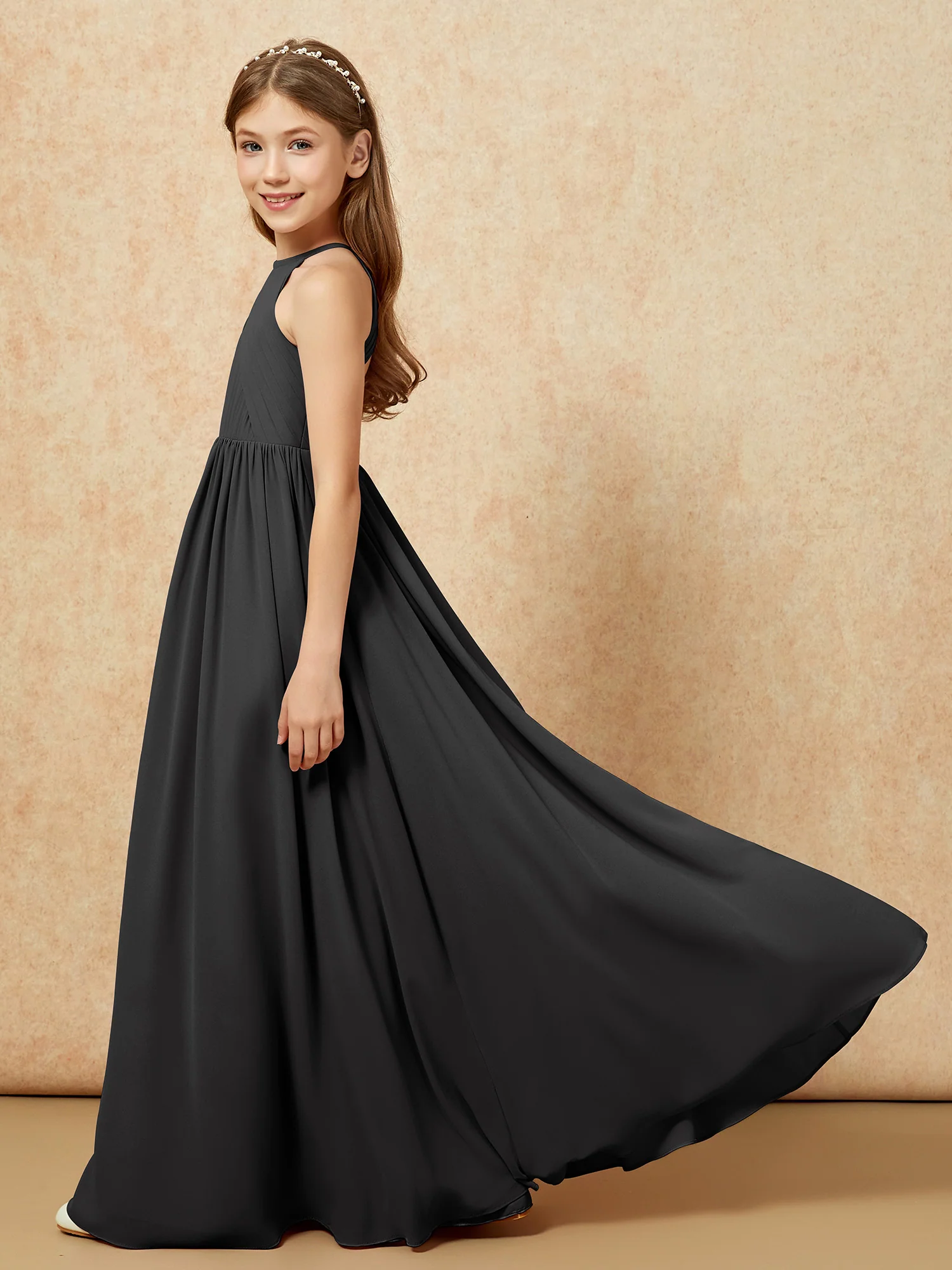 Halter Pleated Long Chiffon Junior Bridesmaid Dress Black - Image 7