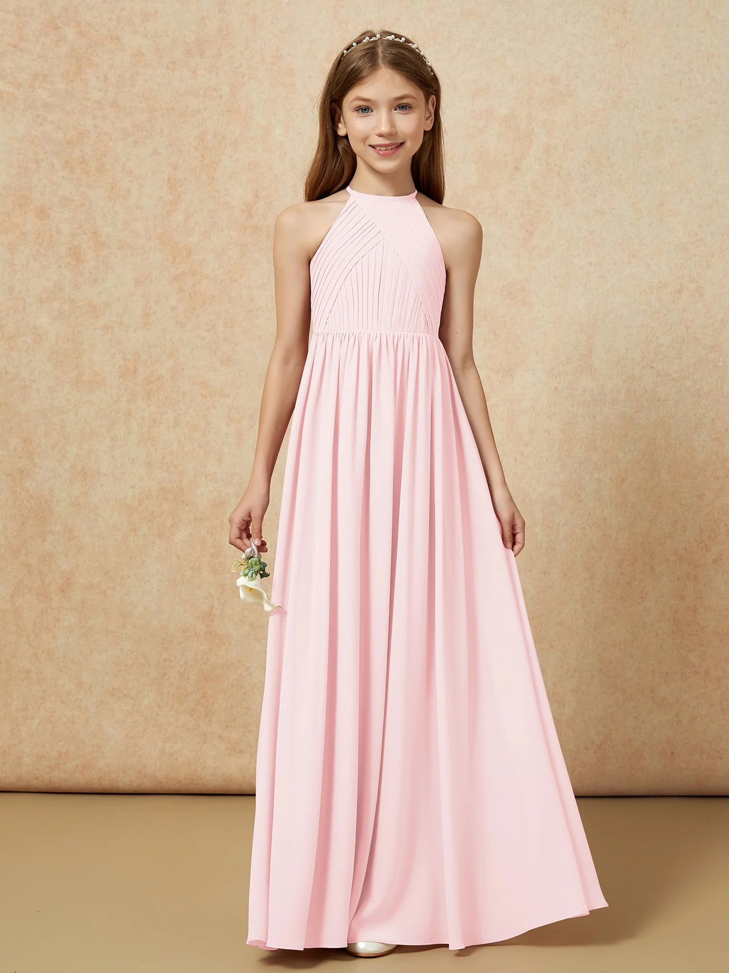 Halter Pleated Long Chiffon Junior Bridesmaid Dress Blushing Pink