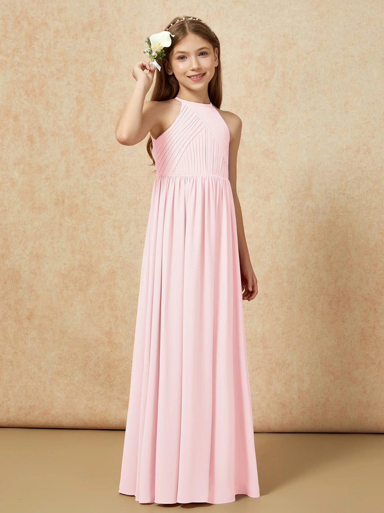 Halter Pleated Long Chiffon Junior Bridesmaid Dress Blushing Pink - Image 4