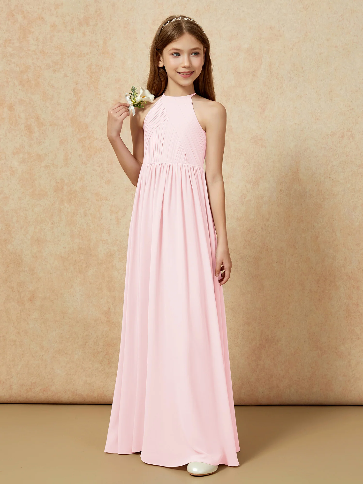 Halter Pleated Long Chiffon Junior Bridesmaid Dress Blushing Pink - Image 5