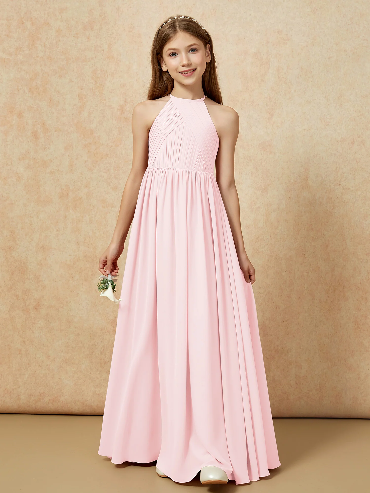 Halter Pleated Long Chiffon Junior Bridesmaid Dress Blushing Pink - Image 6