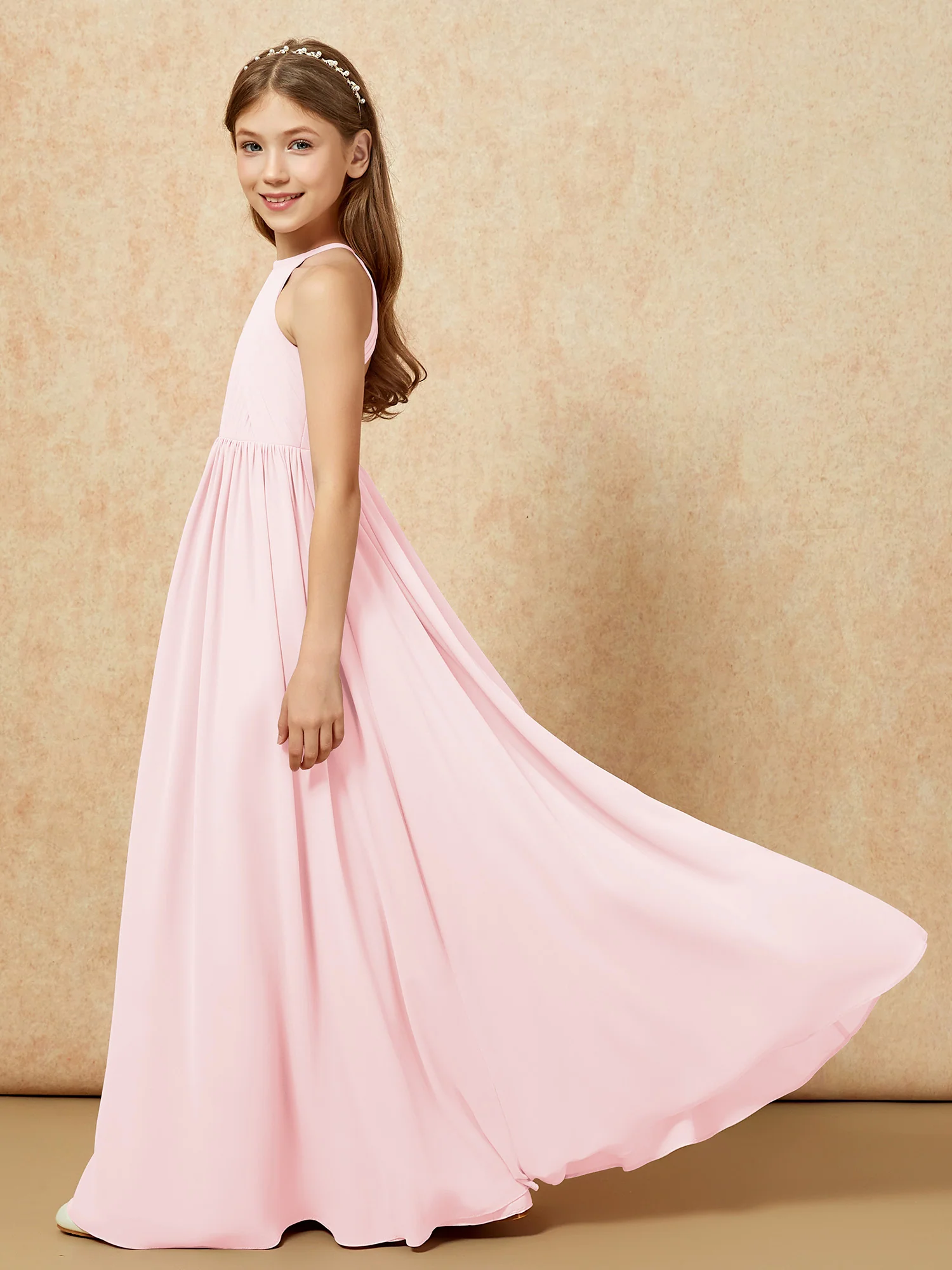 Halter Pleated Long Chiffon Junior Bridesmaid Dress Blushing Pink - Image 7