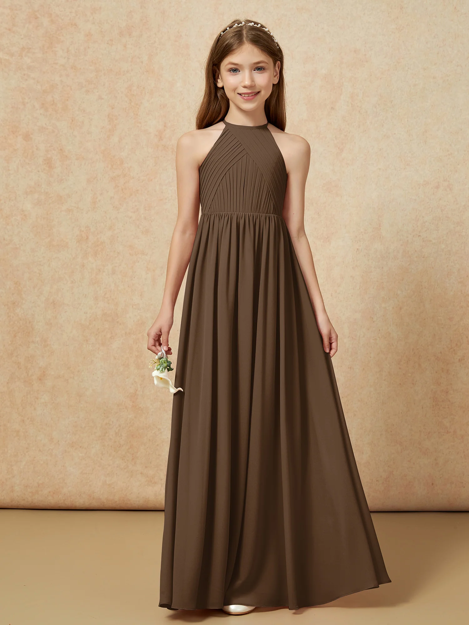 Halter Pleated Long Chiffon Junior Bridesmaid Dress Brown