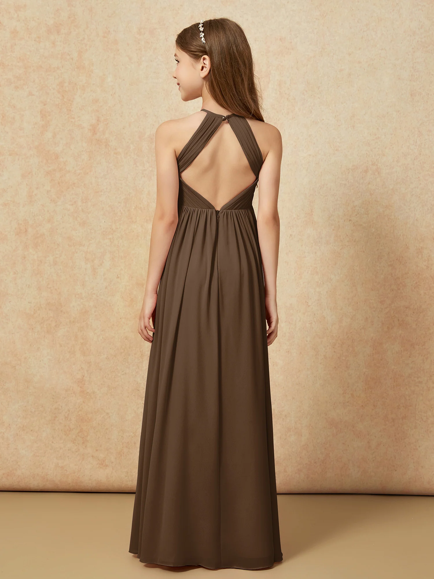 Halter Pleated Long Chiffon Junior Bridesmaid Dress Brown - Image 2