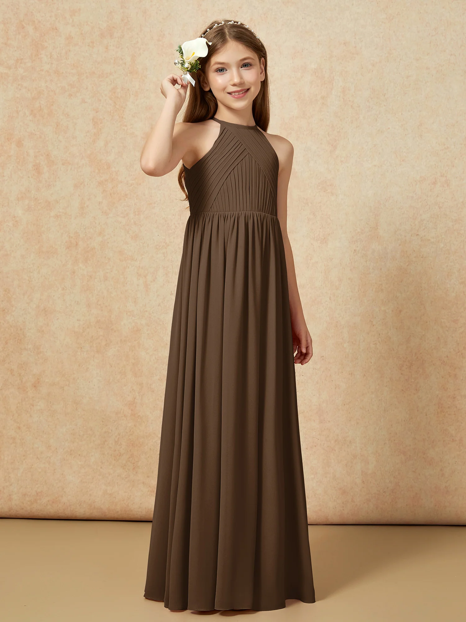 Halter Pleated Long Chiffon Junior Bridesmaid Dress Brown - Image 4