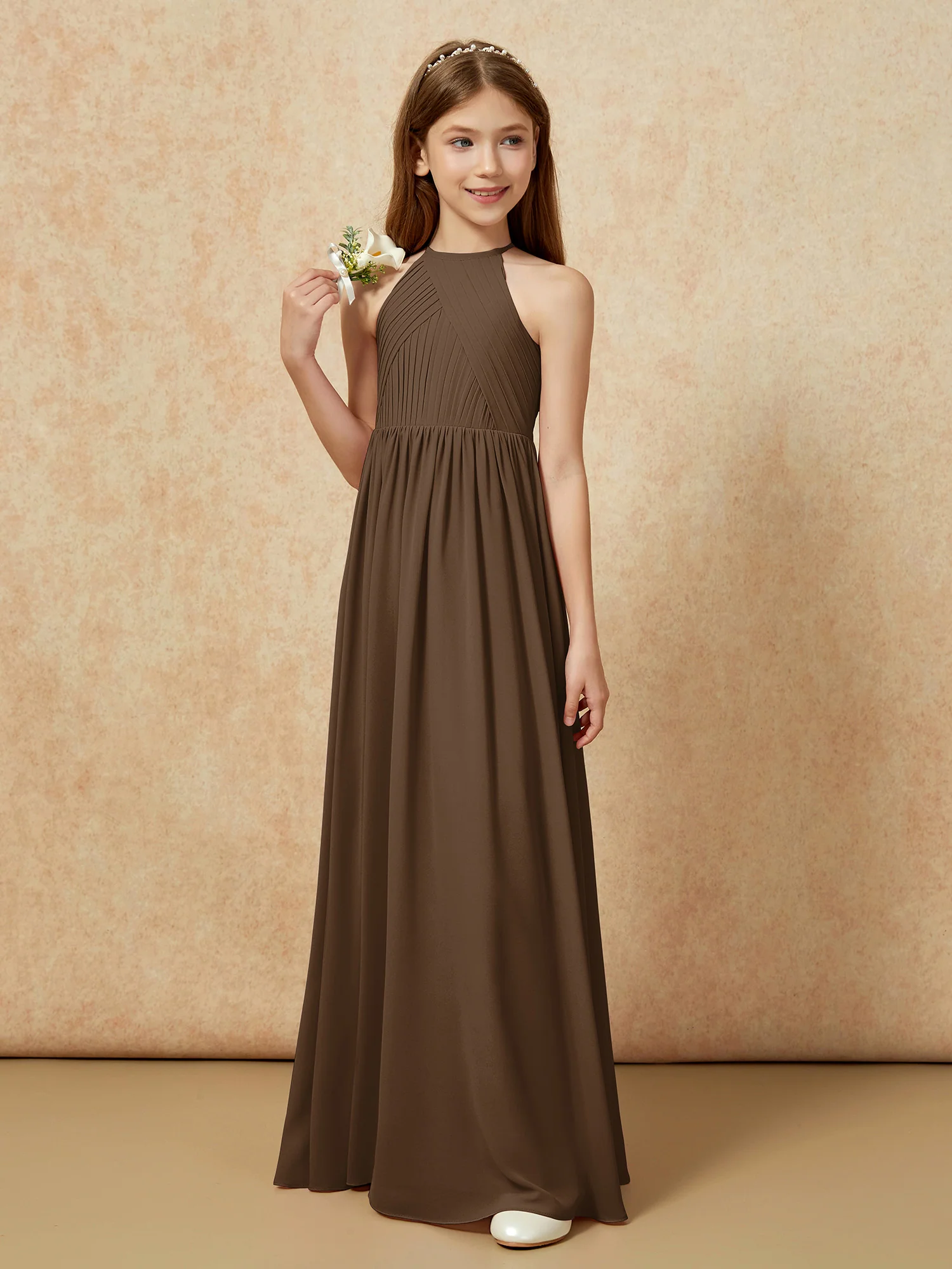 Halter Pleated Long Chiffon Junior Bridesmaid Dress Brown - Image 5