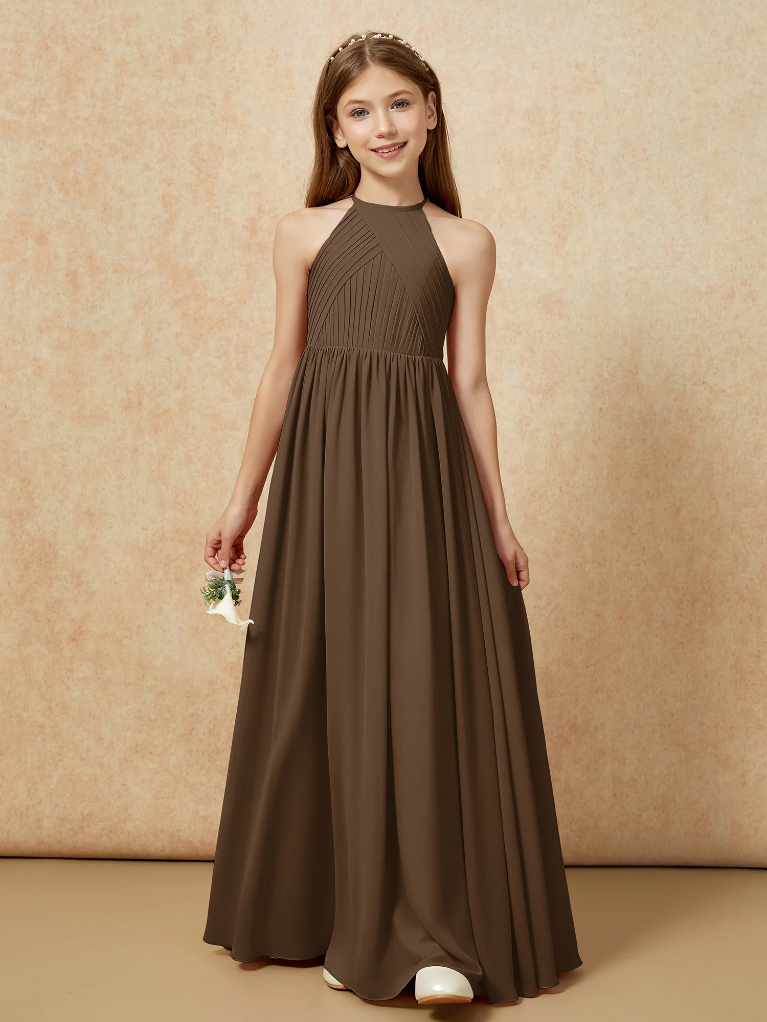 Halter Pleated Long Chiffon Junior Bridesmaid Dress Brown - Image 6